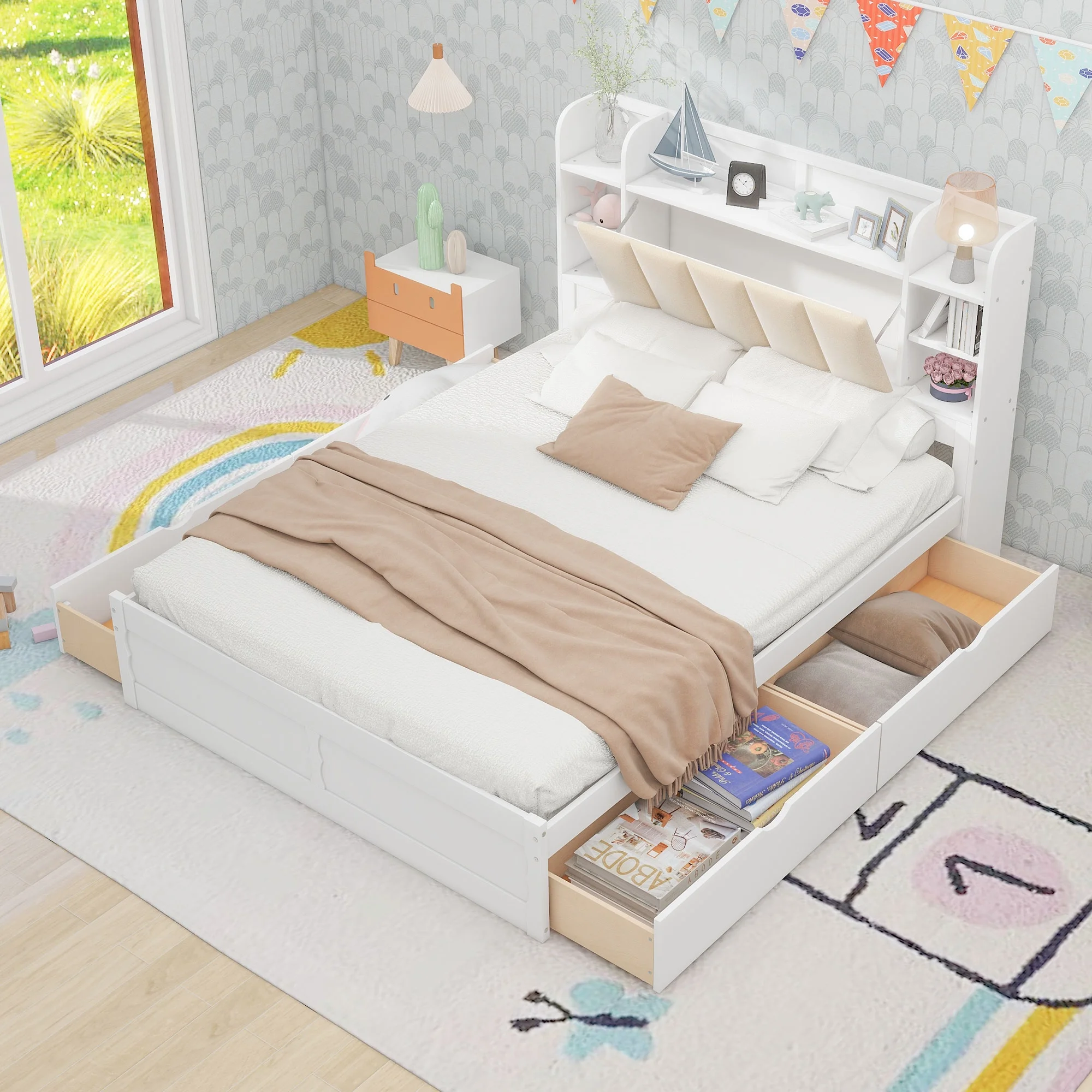 Churanty Queen Size Platform Bed with Storage Bookcase Headboard, Wood Platform Bed Frame with Shelves and 4 Drawers,White