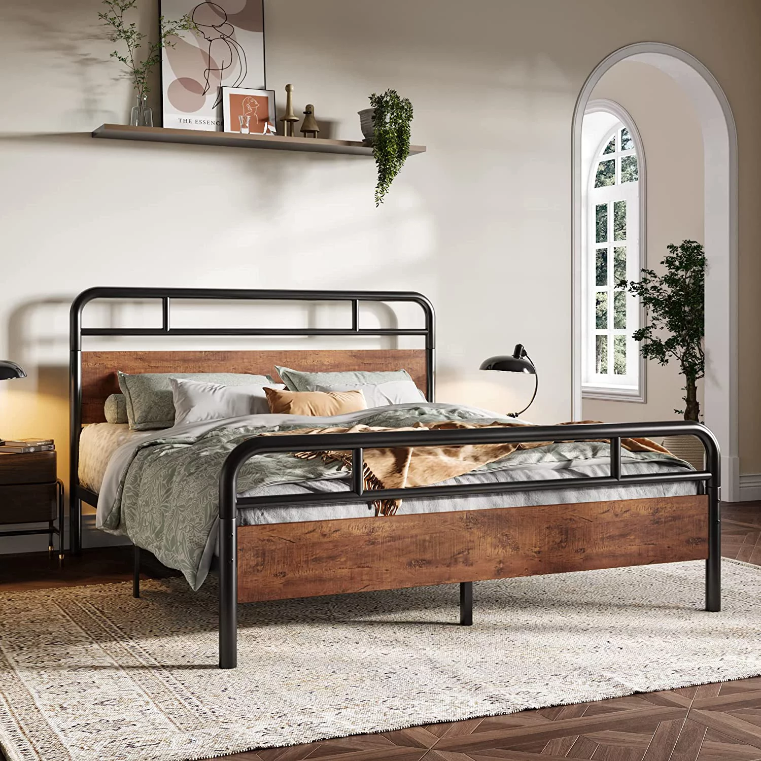 Popular Queen Size Metal Bed Frame with Curved Wooden Headboard and Footboard  Mattress Foundation Platform Bed Frame with Under Bed Storage  No Box Spring Needed  Modern  Walnut
