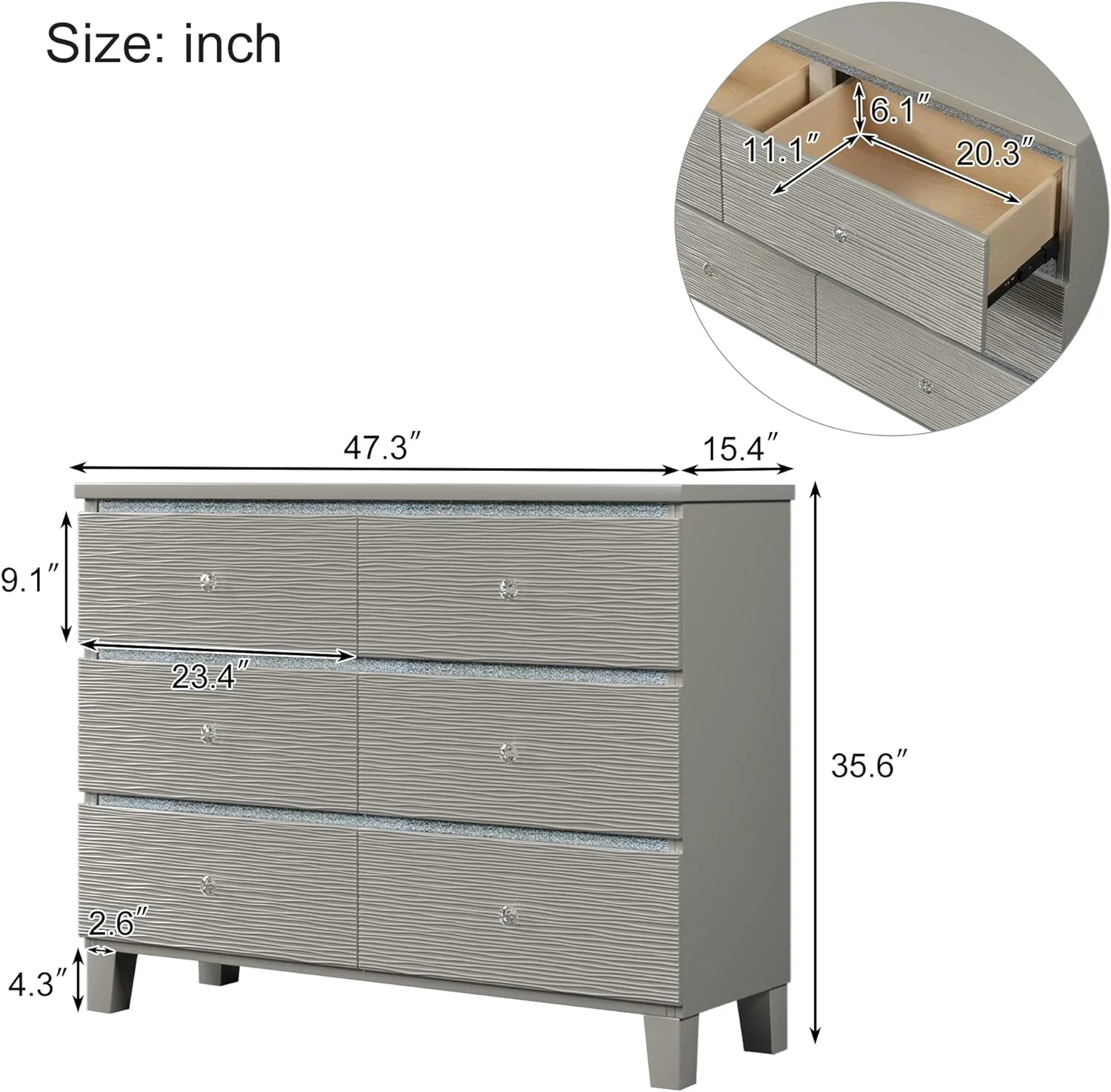 6 Drawer Dresser, Woode Ches Of Drawers, sadig Sorage Cabie Wih Meal Slides Ad Crysal Hadle,ursery Baby Dresser Orgaizer For Bedroom, Livig Room, Cloakroom(Champage Silver)