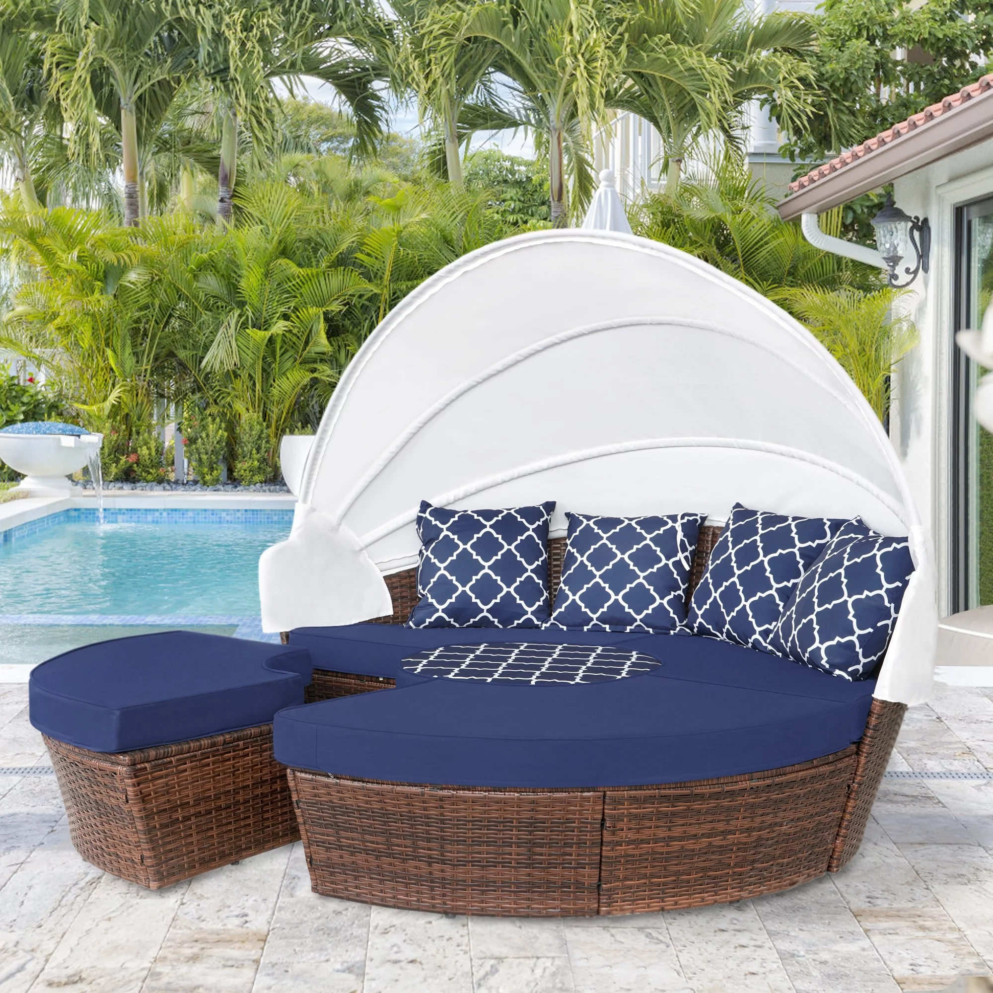 Ledel Wicker Outdoor Daybed 5-piece Sectional Sofa Set With Retractable Canopy and Cushions Blue