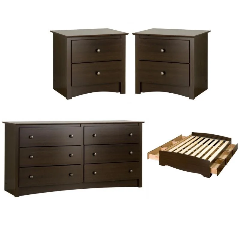 Home Square 4-Piece Set with Storage Bed 2 Night Tables and Dresser in Espresso