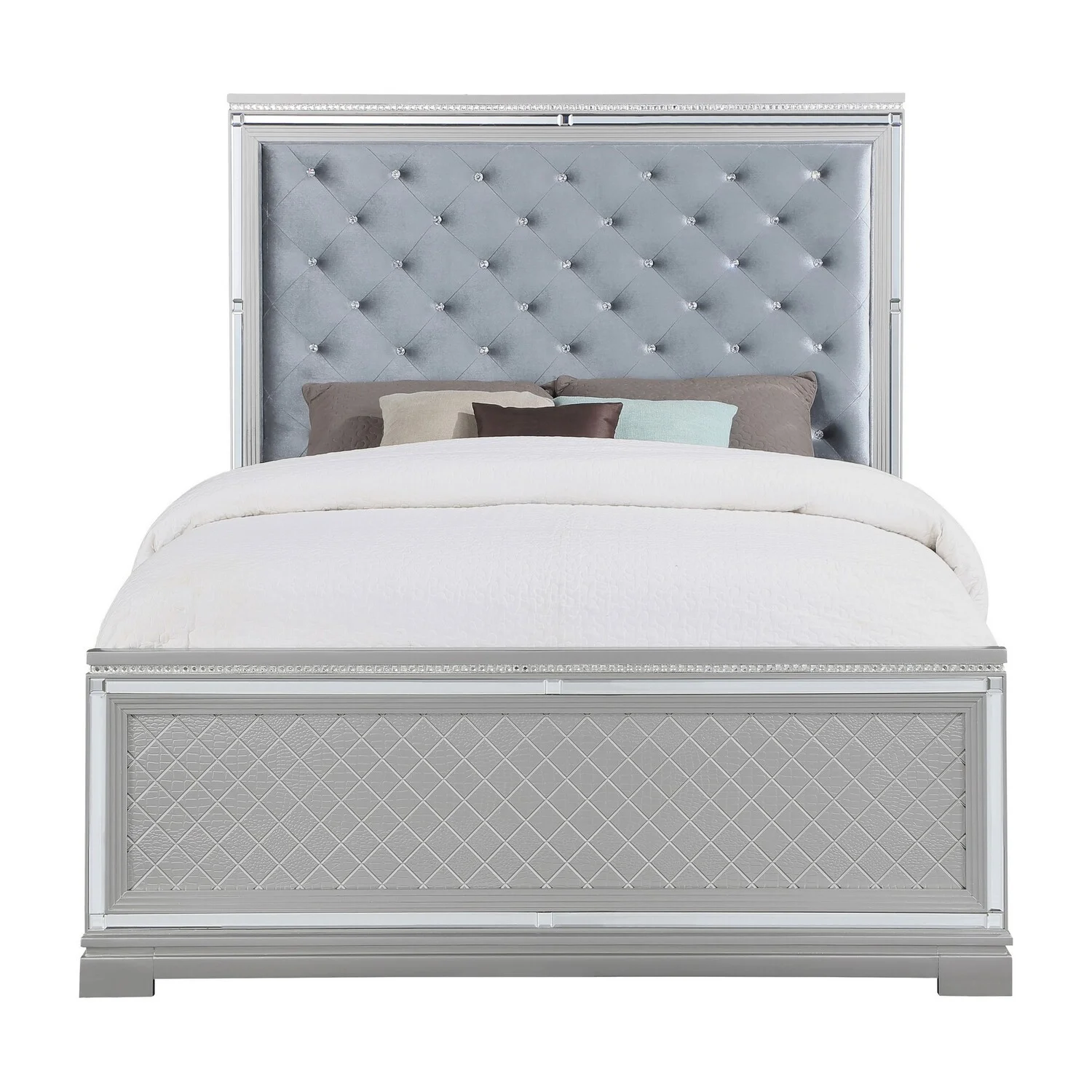 Benjara Velvet Upholstery Mirror Trim Tufted Headboard Axl Queen Size Bed, Silver & Metallic