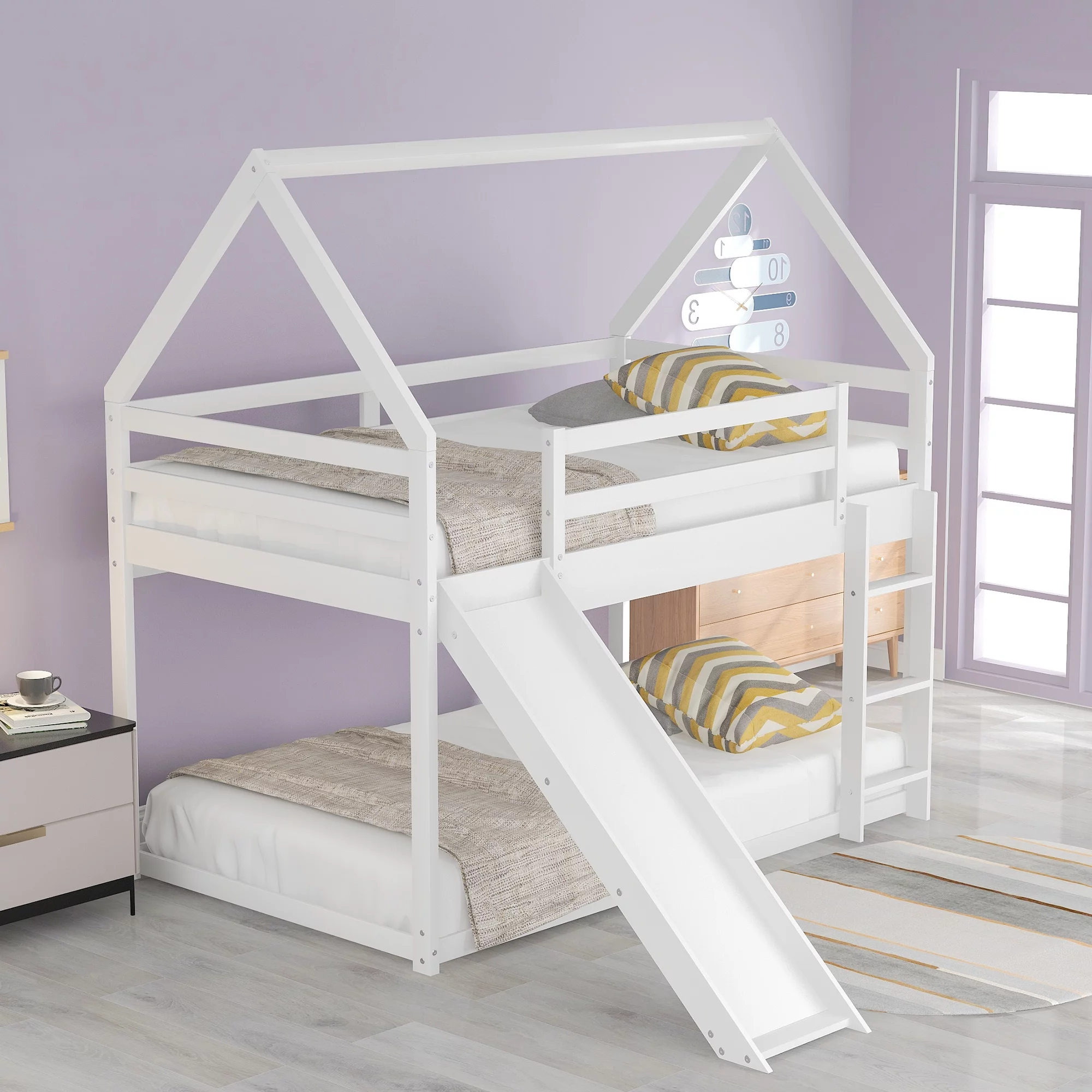 Floor Bunk Beds with Slide and Ladder, Twin Over Twin House-Shaped Bunk Beds with Guardrail for Kids, No Box Spring Needed