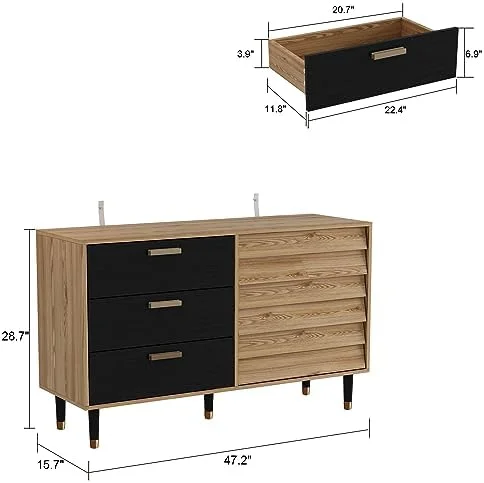 NLIBOOMLife Black Dresser for Bedroom with 6 Drawers  Modern Two-Tone Dresser  55.1" L Wood Dresser Chest of Drawers with Orange Drawers  Wide  & Metal Handles for Living Room