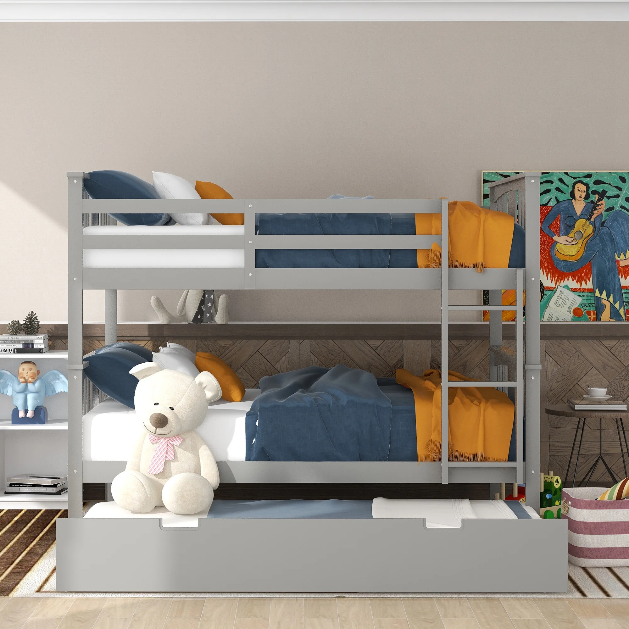 Full Over Full Bunk Bed with Twin Trundle Wood Bunk Bed Frame with Guard Rails and Ladder for Kids Boys Girls Teens Adults, Can be Convertible to 2 Beds,Gray