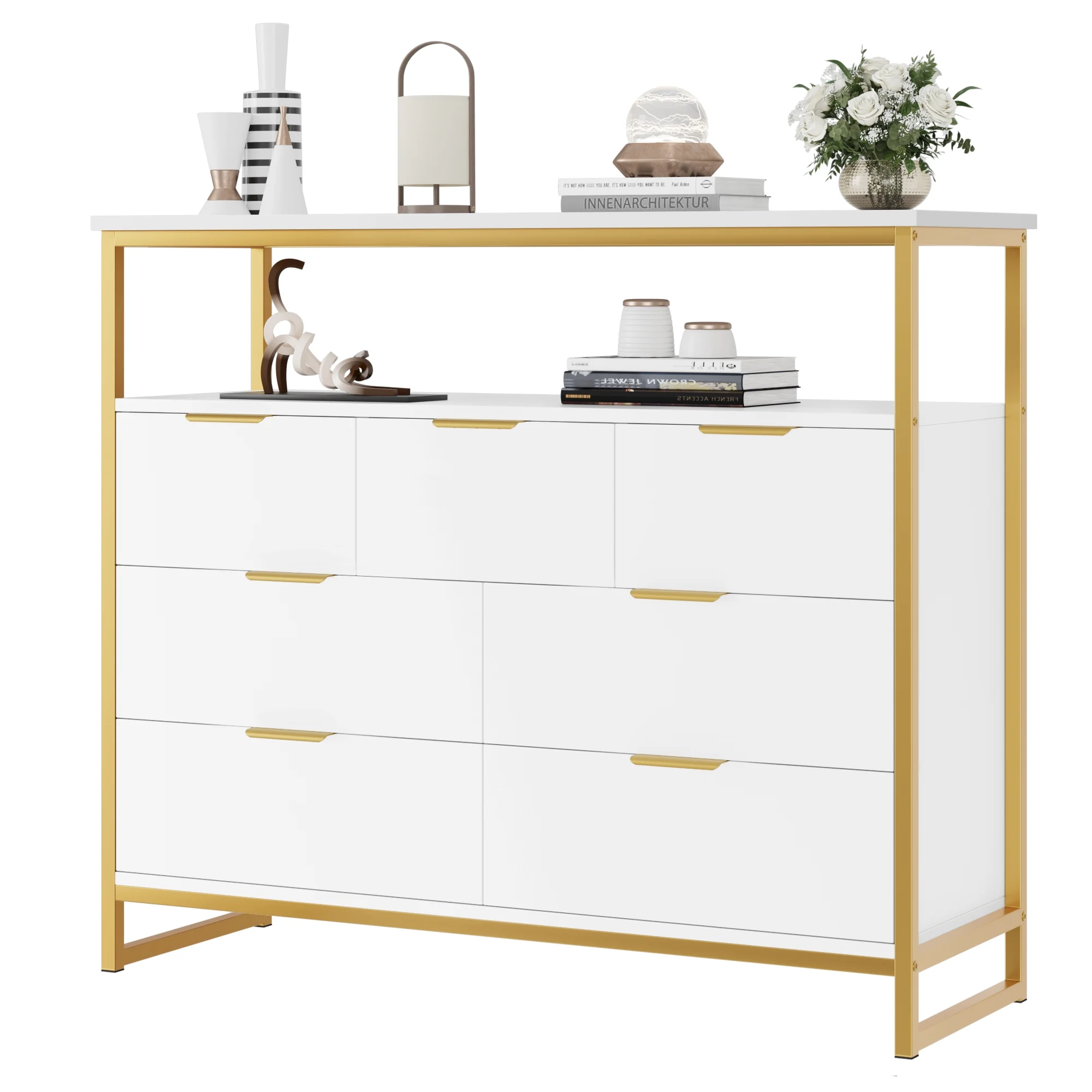 Homfa 7 Drawer Dresser for Bedroom, Modern Sturdy Metal Frame Wood Storage Cabinet with Display Shelf for Living Room, White Gold