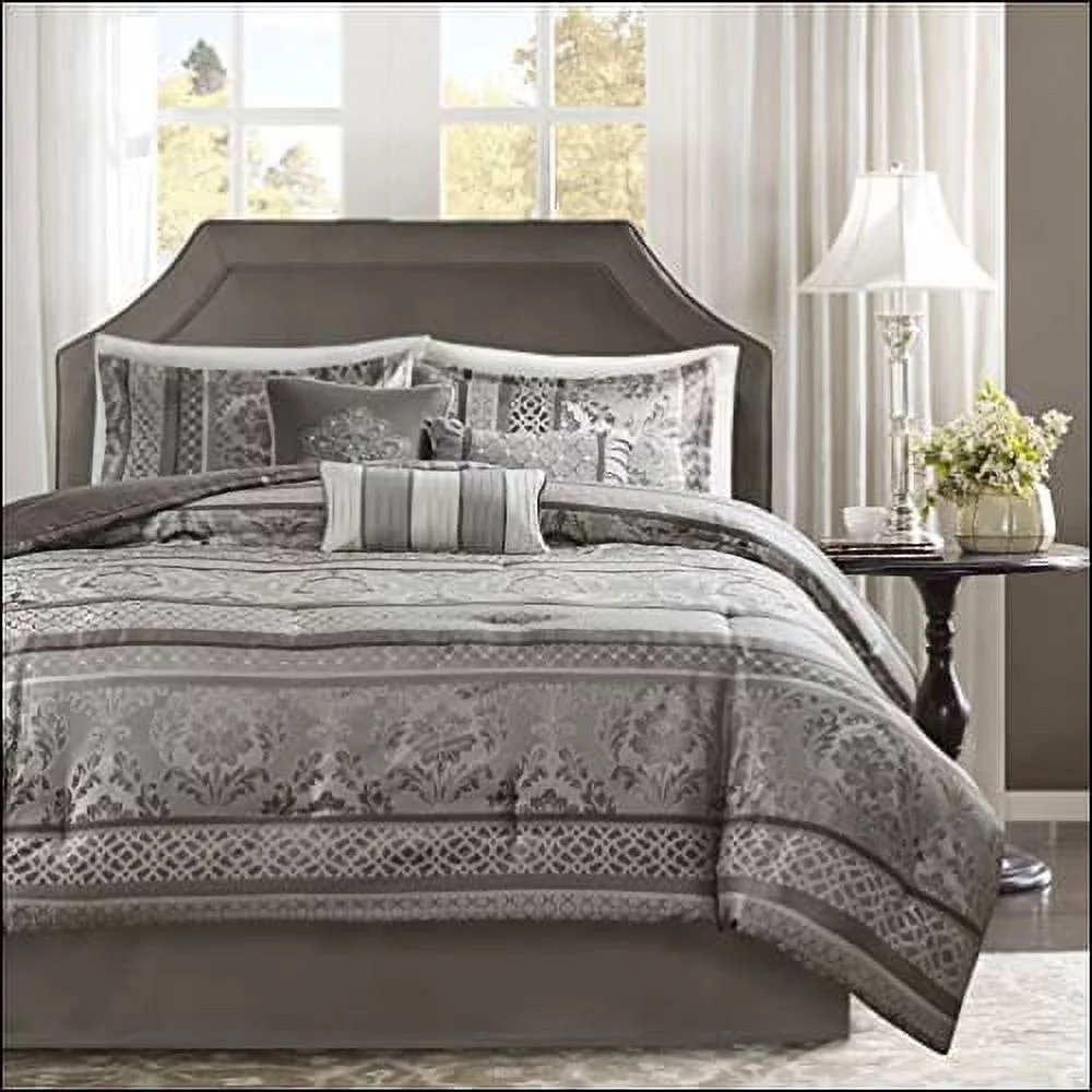 Home Essence Grey Damask 7 Piece Comforter Set, California King