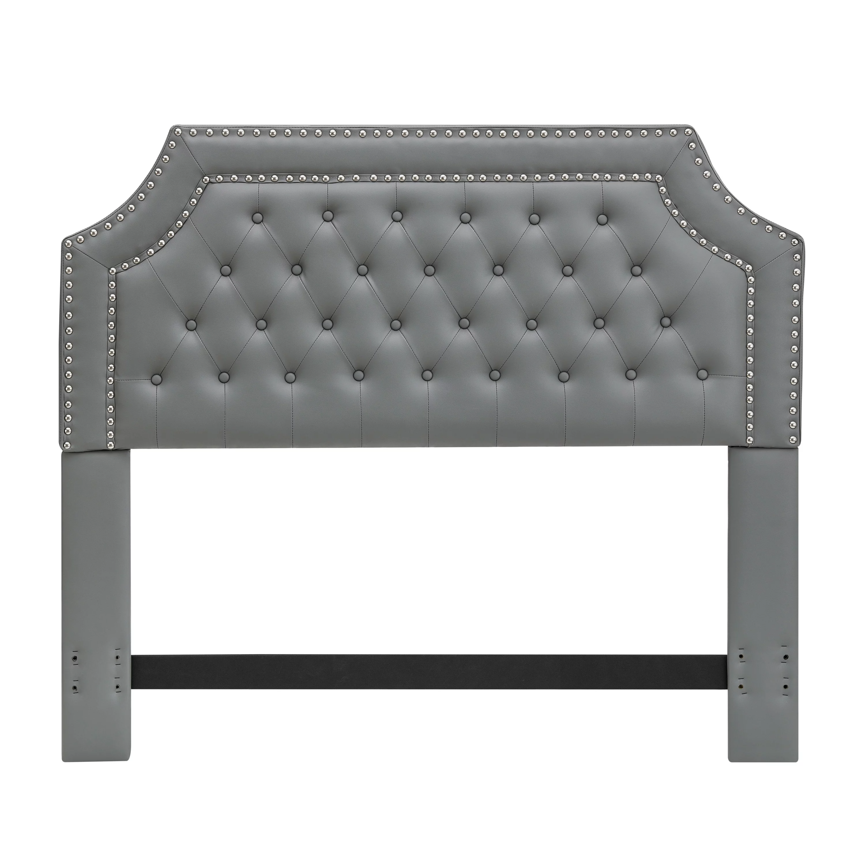 Chic Home Malan Headboard PU Leather Upholstered Button Tufted Double Row Silver Nailhead Trim, Modern Transitional, Queen, Grey