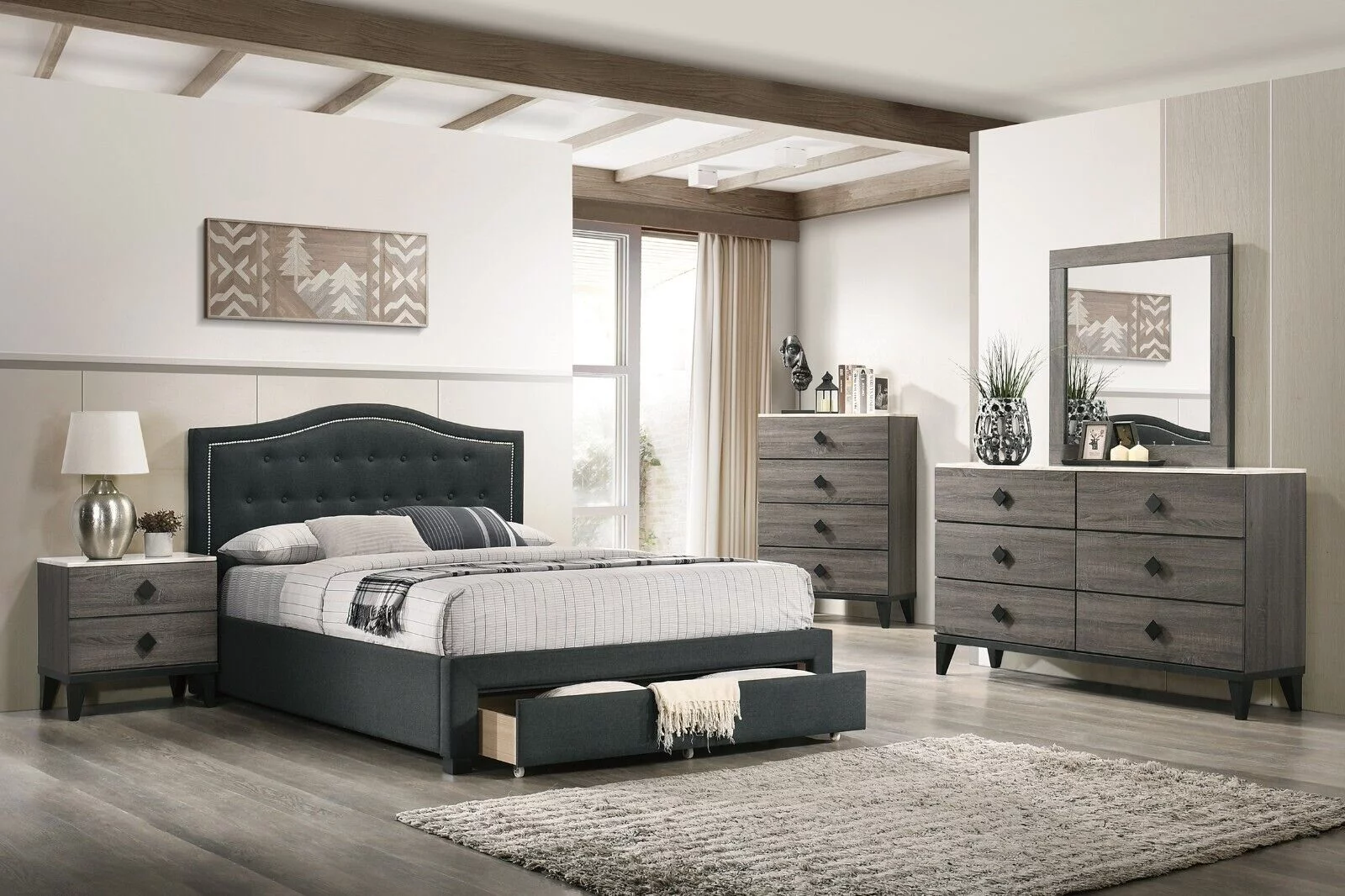 Transitional Charcoal Full Size Bed Dresser Mirror Nightstand 4pc Bedroom Set Tufted Burlap Fabric Storage Bed
