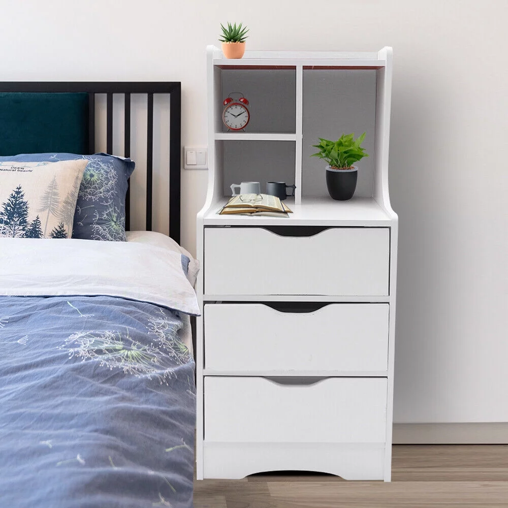 Modern Tall Nightstand 3 Drawers Bedside Table Wooden Bedroom Furniture Storage Cabinet