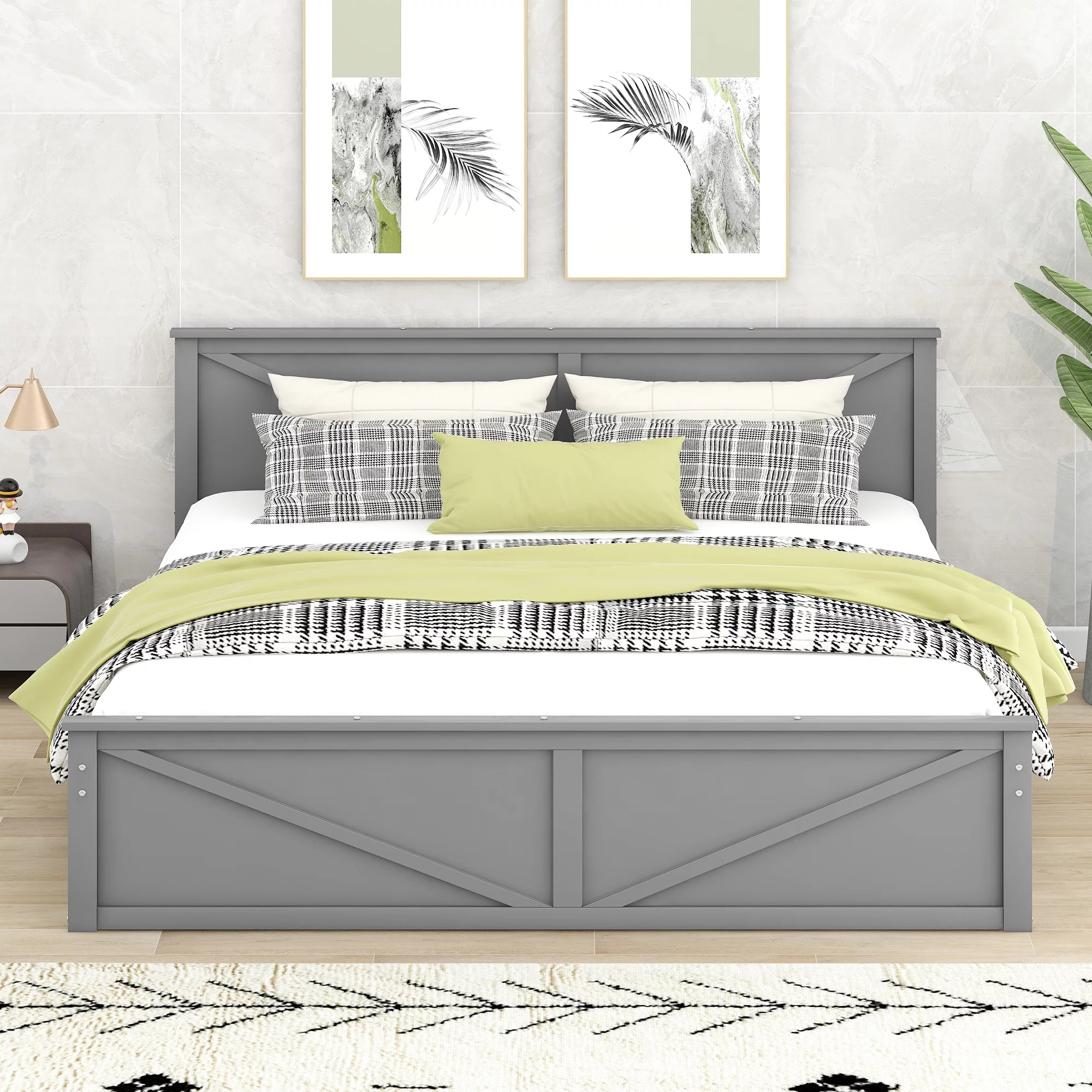 Nestfair King Size Wooden Platform Bed with 4 Drawers, Gray