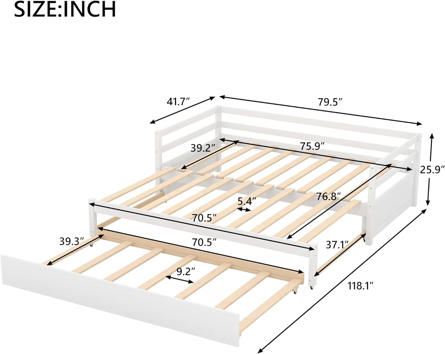 Exedable Daybed Wih rudle, Solid Wood Or Dble Daybed Wih A Pull rudle, o Kig Desig Exedig Sofa Bed Livig Room, Bedroom, Gues Room (Whie)