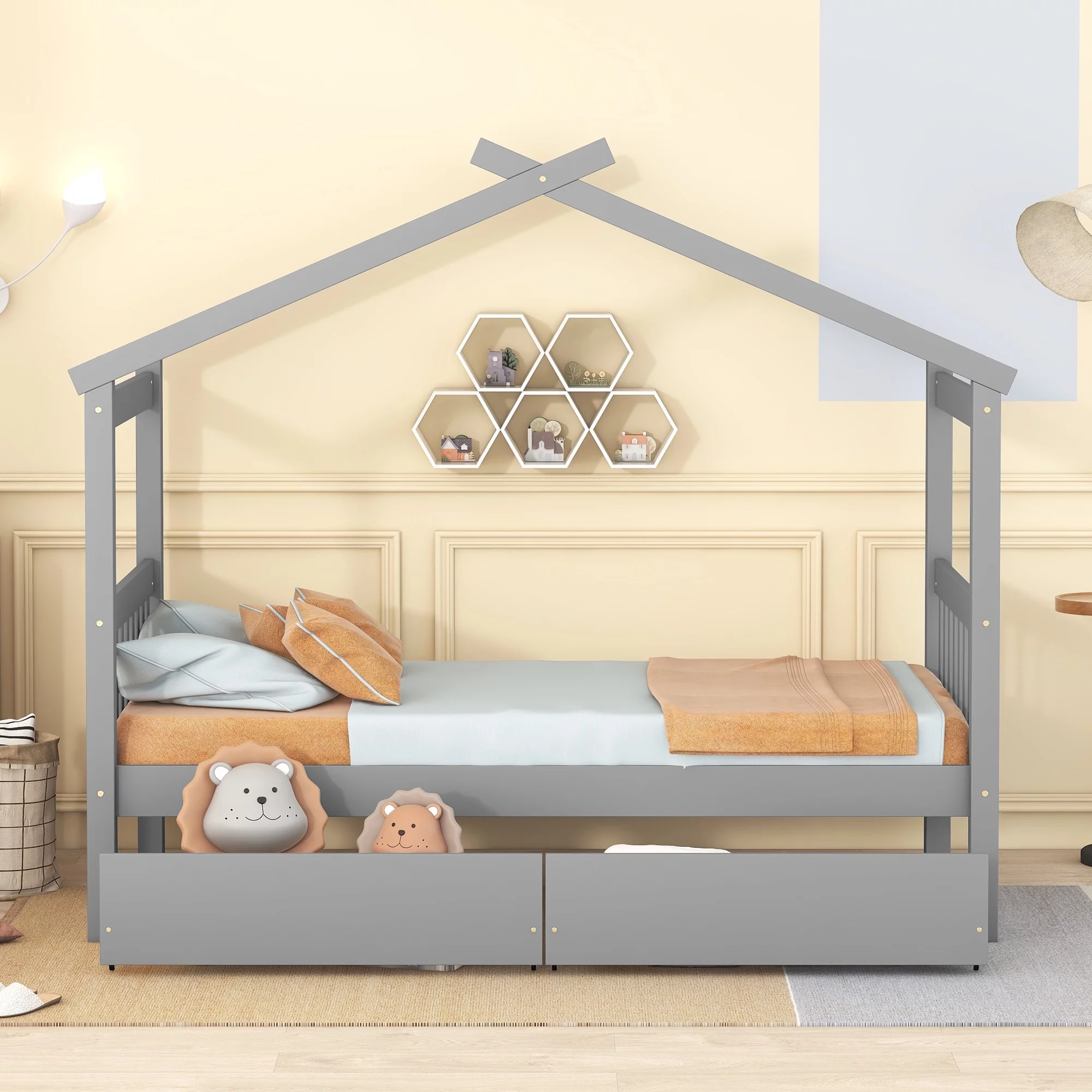Wooden House Bed for Kids, Bed with 2 Storage Drawers, Fences and Roof, Solid Wooden Low Loft Bed Platform Bed Frame for Kids Girls Boys Teens (Twin)