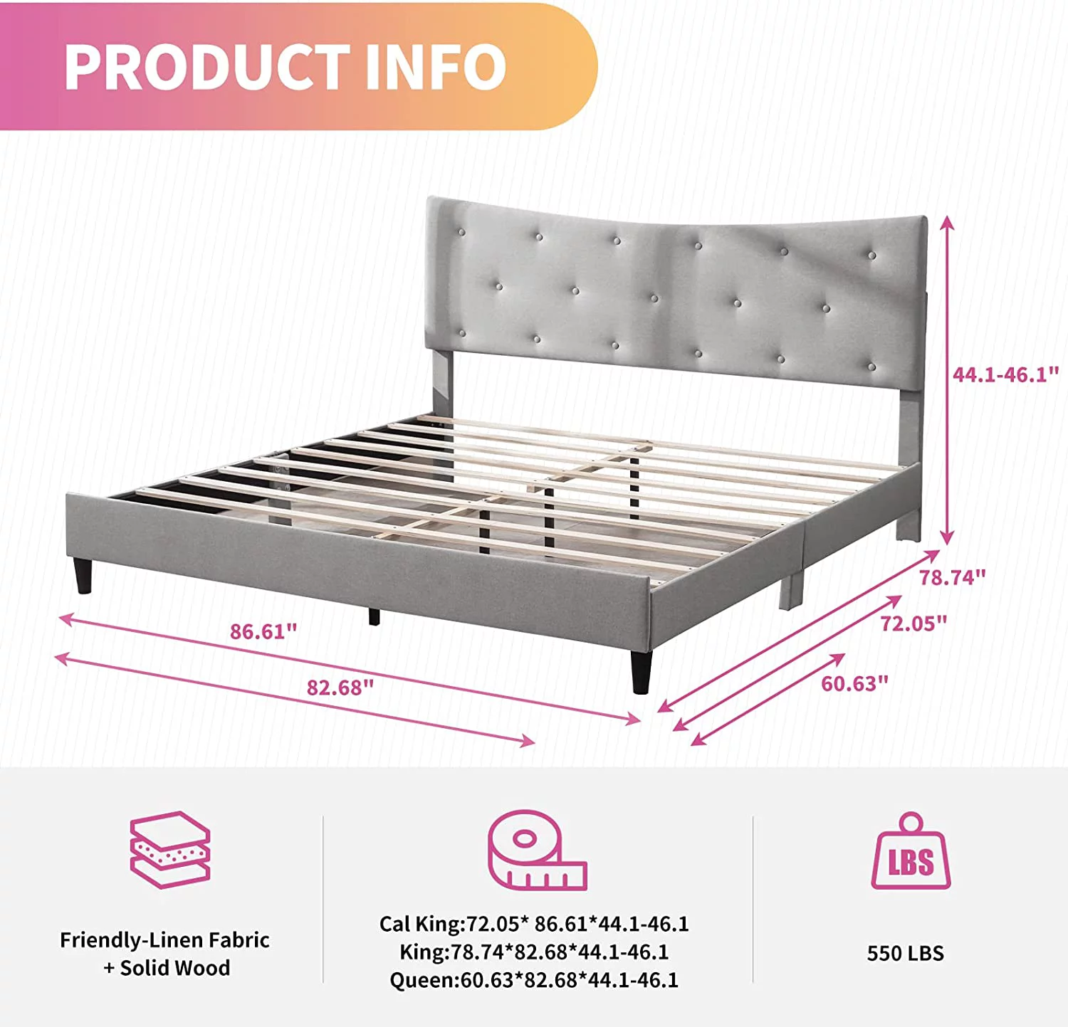 ZAFLY King Size Platform Bed Frames,Upholstered Linen Bed Frame with Button Tufted Curved Headboard,Wood Slat Support,Noise-Free, No Box Spring Needed,Easy Assembly(King, Light Grey)