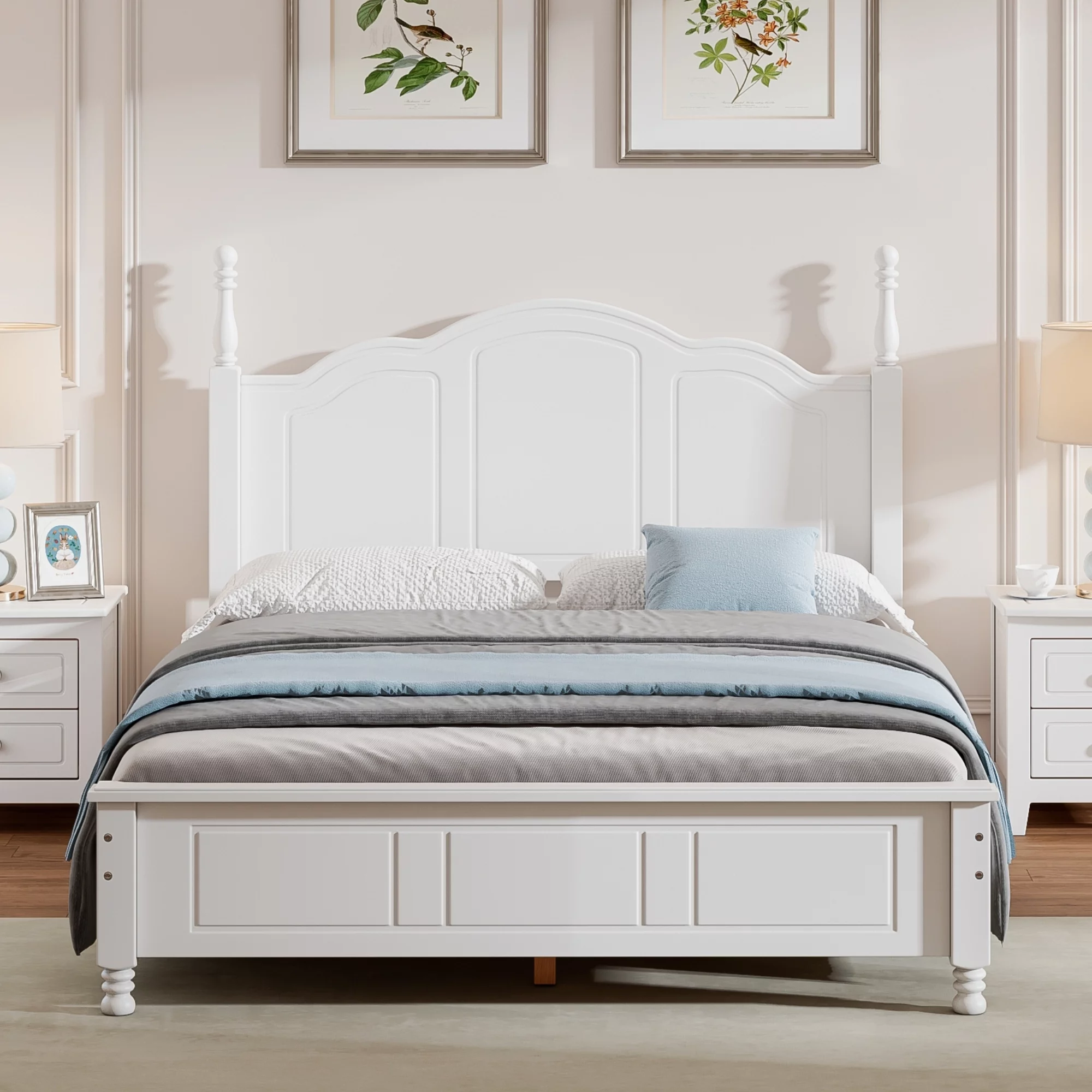 Full Size Wood Platform Bed Frame,Retro Style Platform Bed with Wooden Slat Support,White