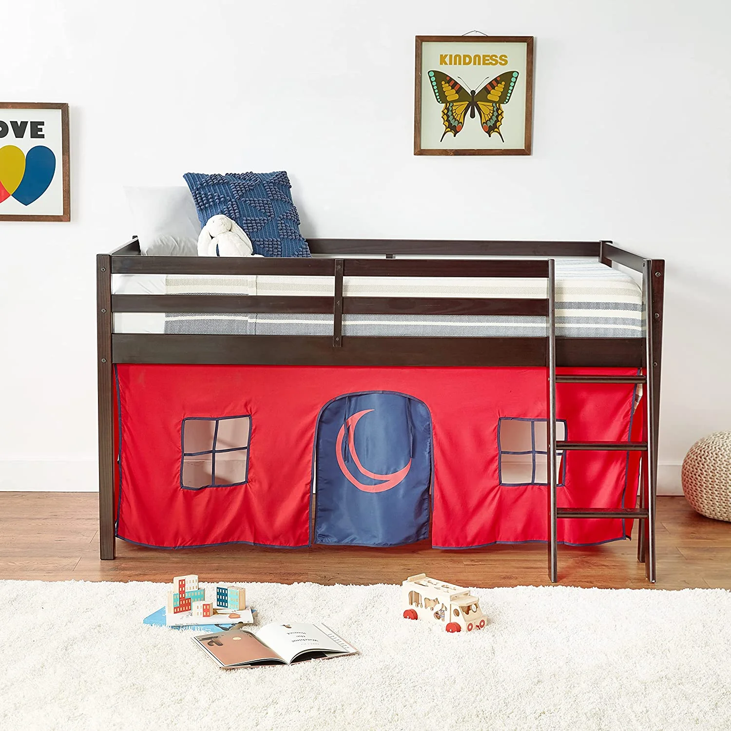 Wood Juior Lof Bed Wih Espresso Fiish & Red & Blue Boom e, Kids Furiure, Ideal For Small Bedrooms, Maress Ready, Sorage Beeah, Simple Assembly Required