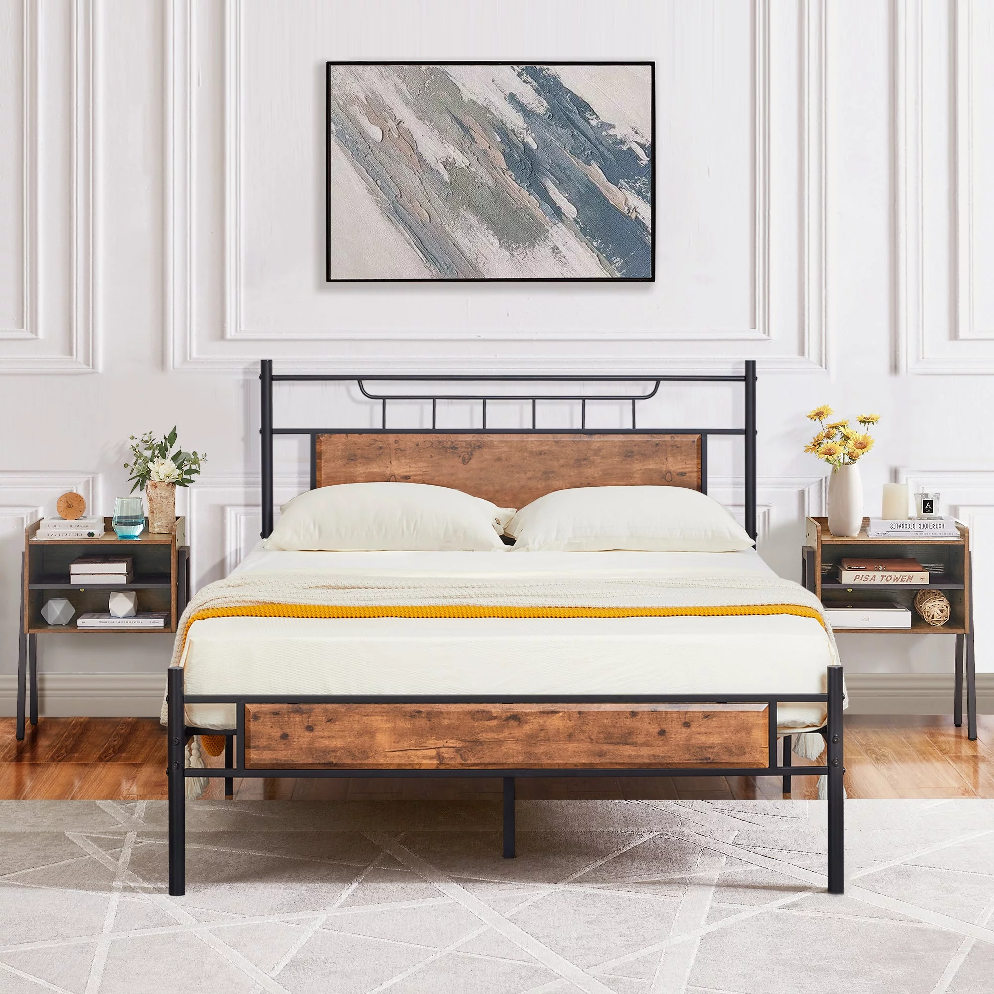 VECELO 3-piece Bedroom Set, Queen Size Metal and Wood Platform Bed Frame with Set of 2 Stackable Nightstands End Table