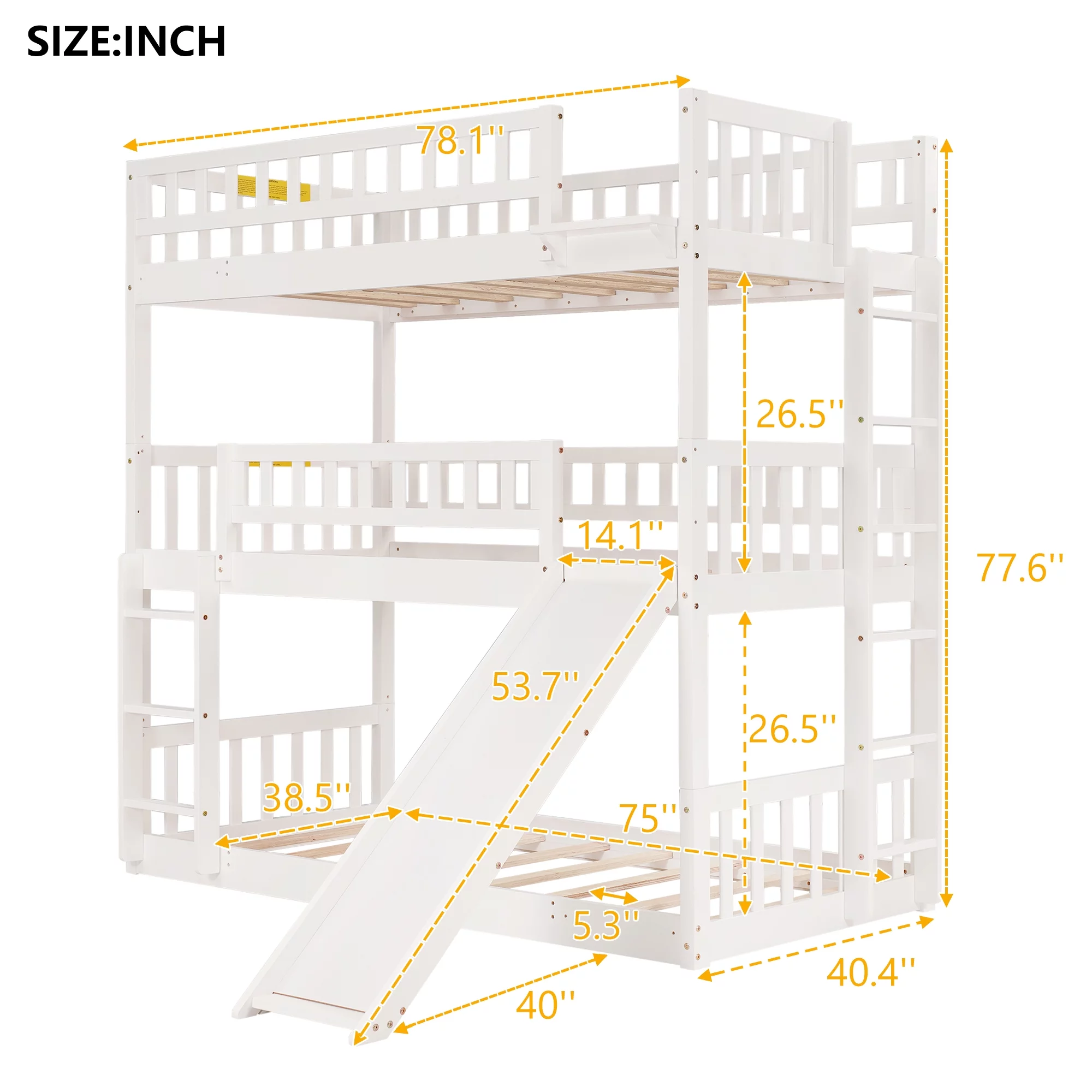 White Twin-Over-Twin-Over-Twin Triple Bunk Bed with Built-in Ladder and Slide,Guardrails