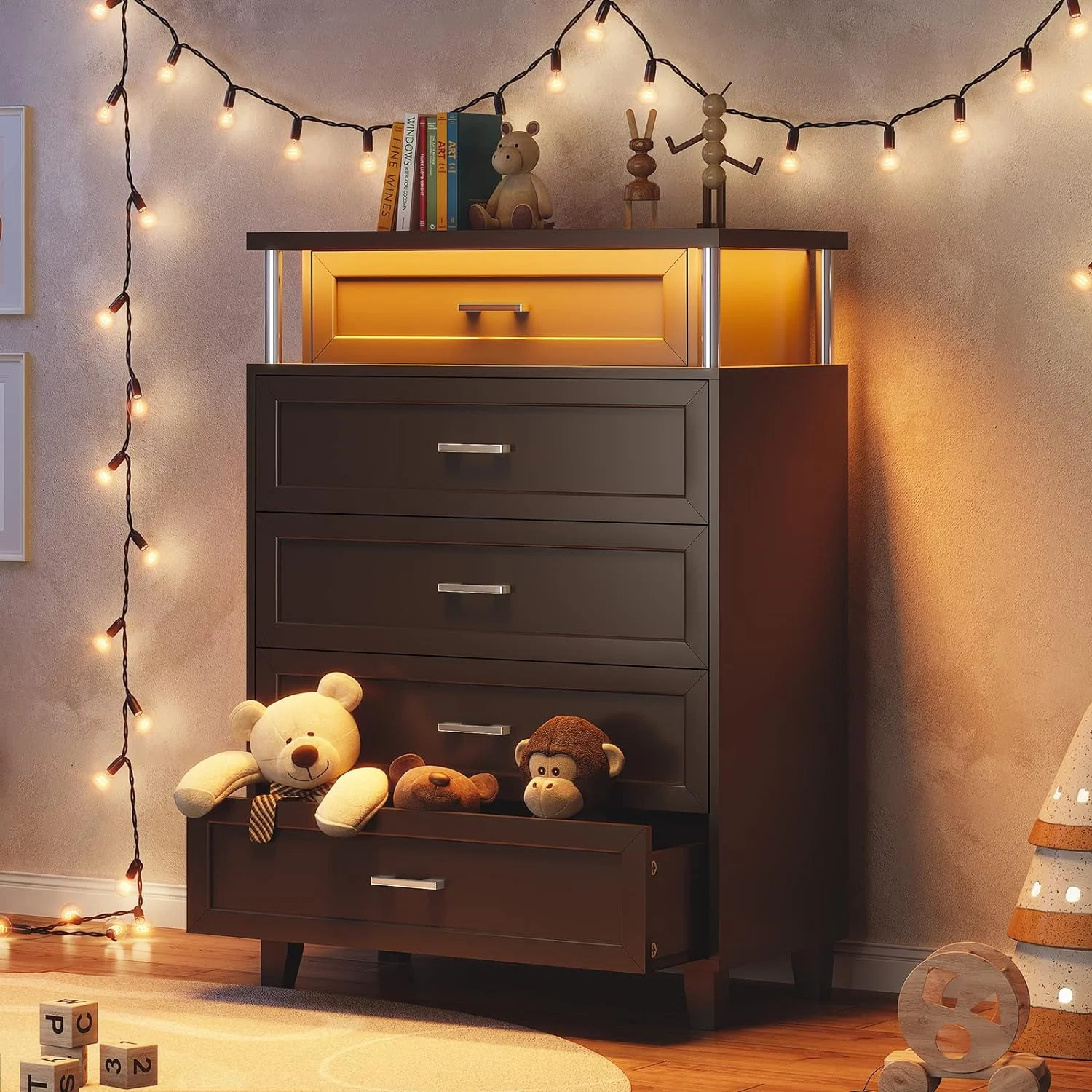 Afuhokles 5 Drawers Dresser with LED Light, Tall Wood Dresser for Bedroom, Large Capacity Storage Cabinet, Black