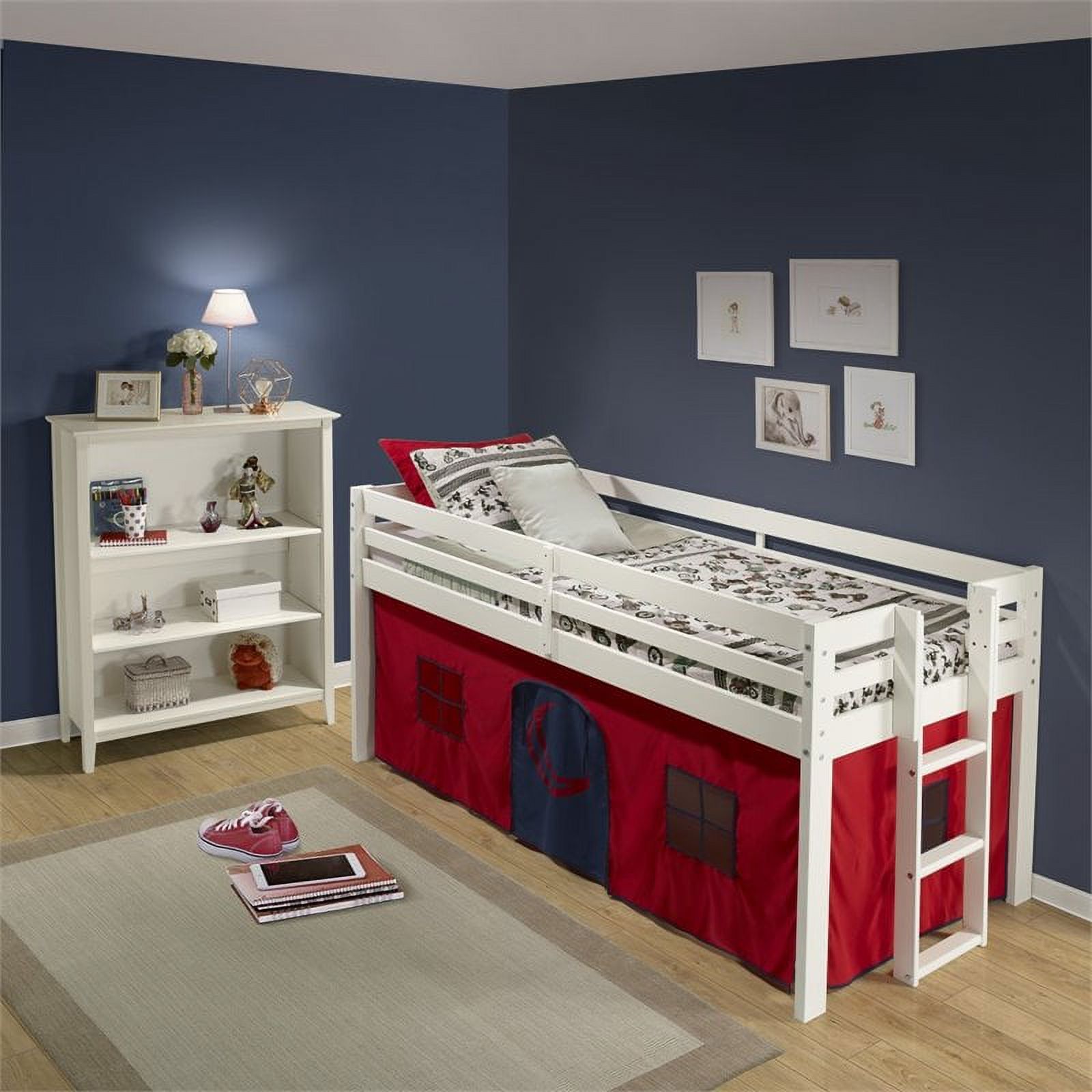 Roseberry Kids Twin Junior Loft Bed White Frame and Red/Blue Bottom Playhouse