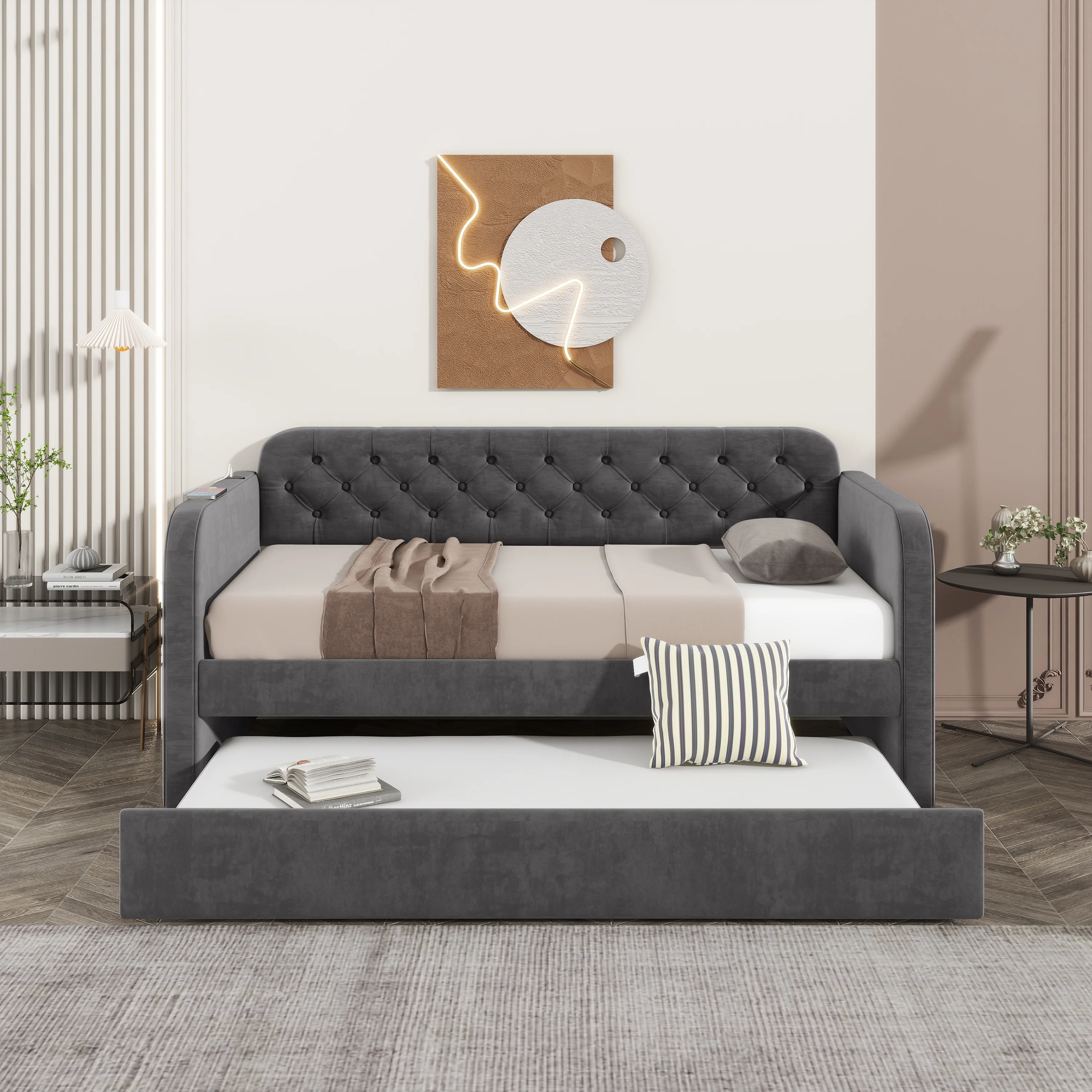 Muumblus Twin Size Daybed with Trundle, Modern Trundle Bed with USB Ports, Tufted Sofa Bed Frame for Bedroom, Not Box Spring Required, Dark Gray, Velvet