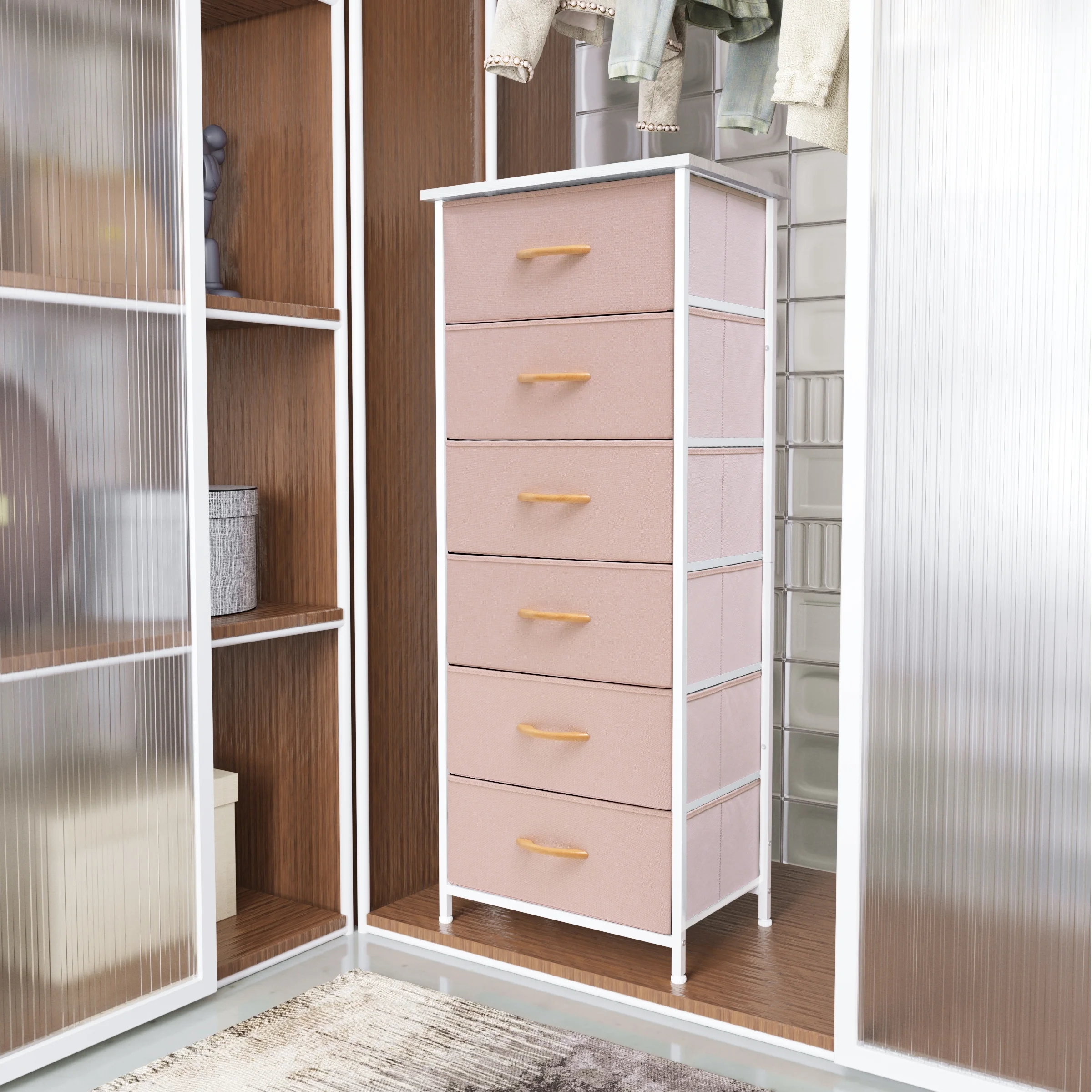VREDHOM  6 Drawers Vertical Dresser Storage Tower Pink Textured Light Wood