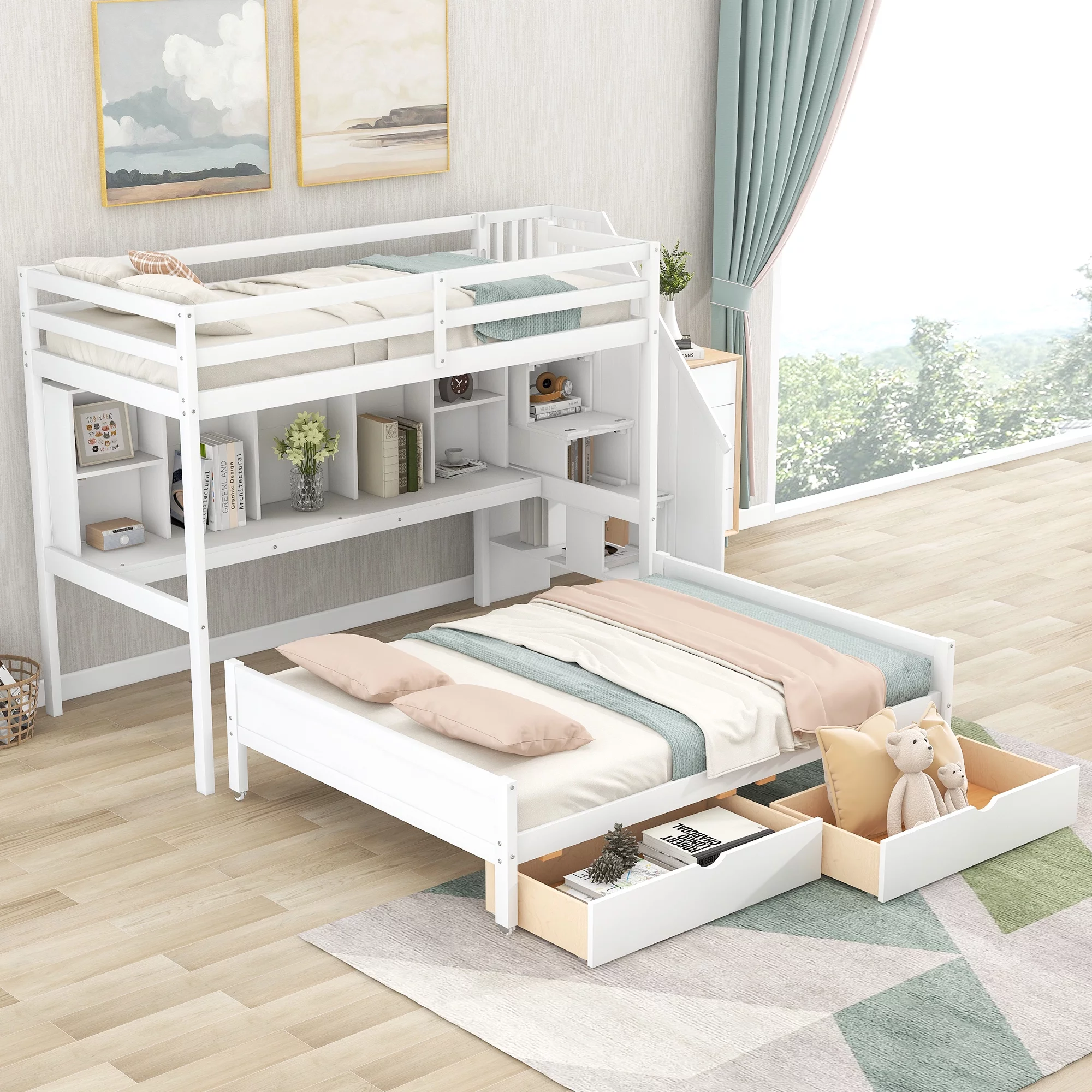 Leadzm Twin XL over Full Bunk Bed with Built-in Storage Shelves, Drawers and Staircase,White
