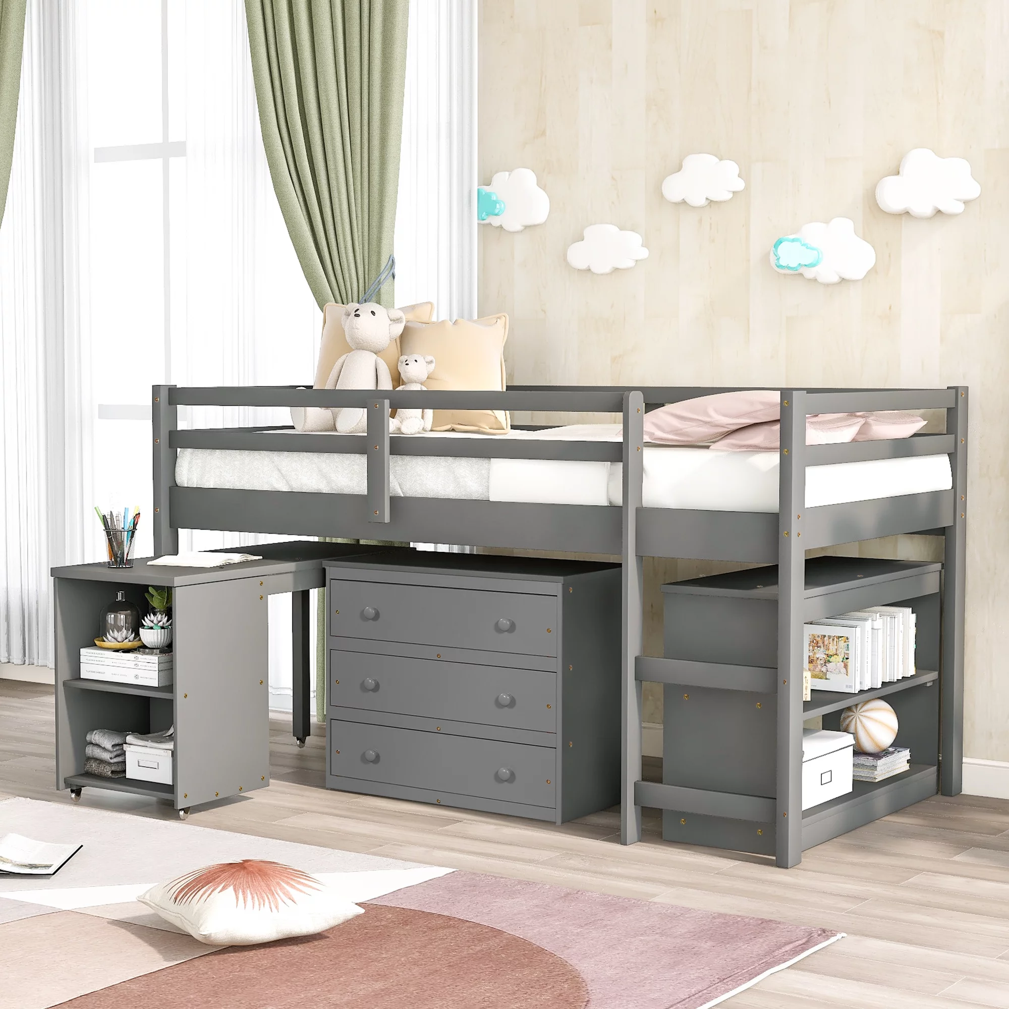 Loft Storage Bed with Spacious Storage Shelves Cabinet and Rolling Portable Desk Multiple Finishes