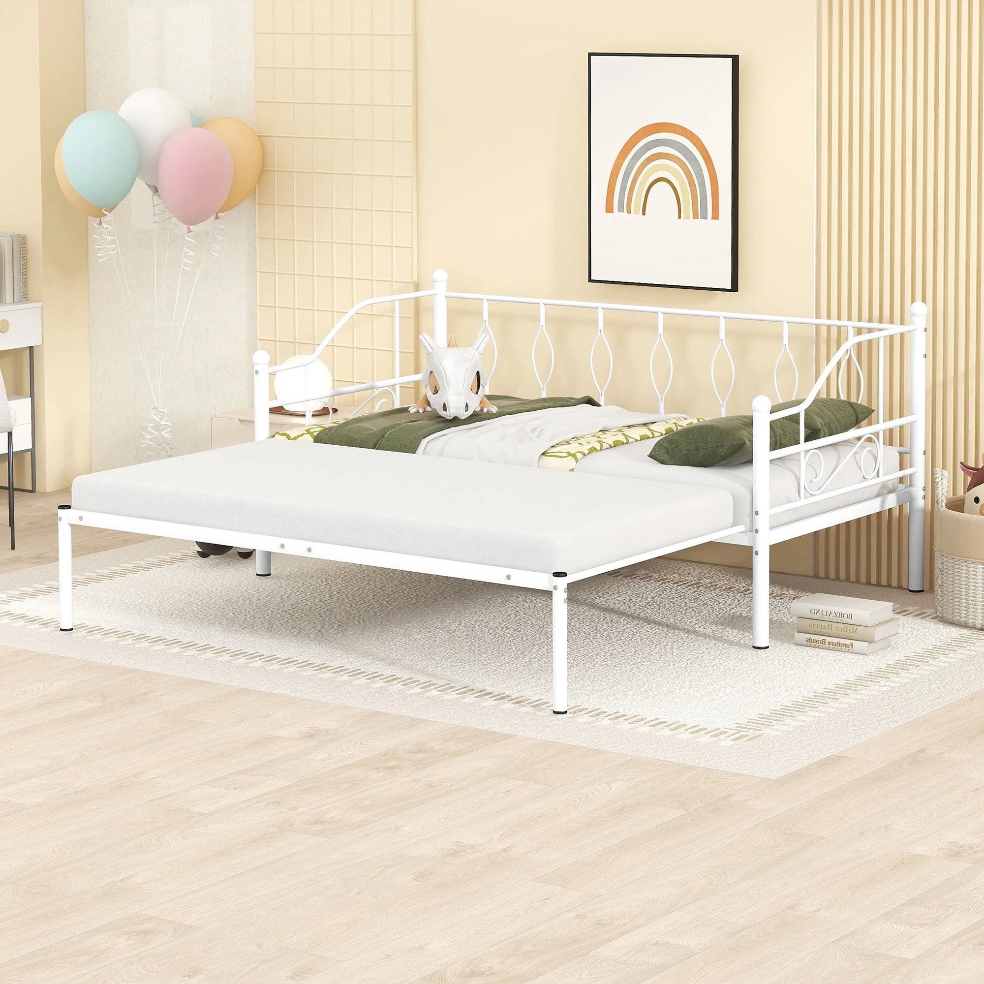 BS Twin Size Metal Daybed with Trundle - White