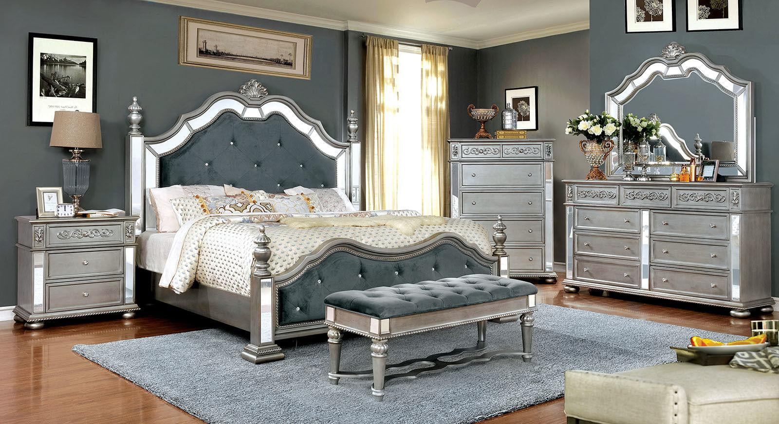 Glam Silver Solid Wood Queen Bedroom Set 7pcs FOA CM7194 Azha