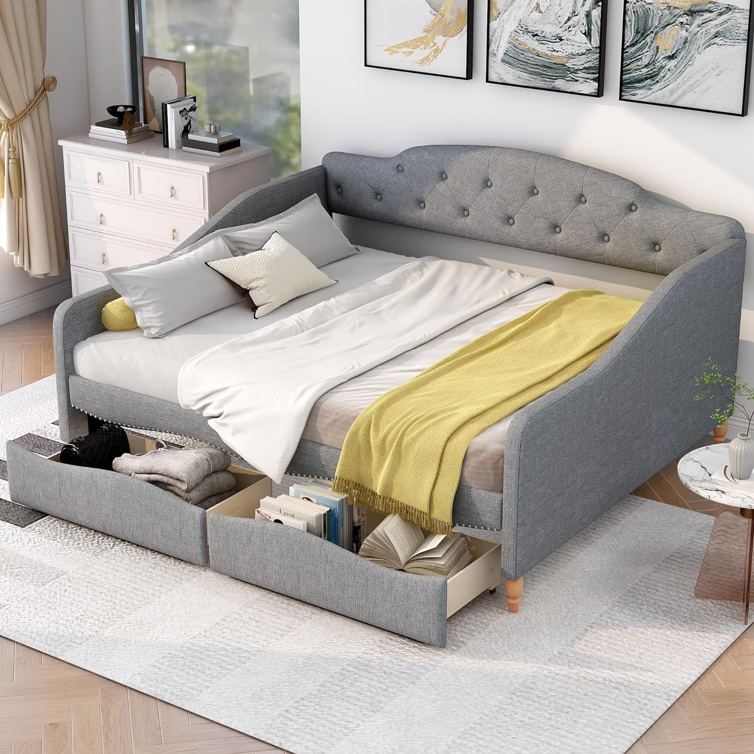 Full Size Lie Upholstered Tufted Daybed Bed With Two Drawers,Sofa Day Bed Frame With Butto Tufted Backrest For Livig Room, Bedroom, Guestroom,Gray