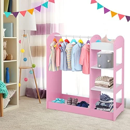 HBBOOMLIFE Dress up  with Mirror  Clothes Rack  3-Tier Shelves  Bottom Tray  Pretend Play Costume Dresser Organizer Center  Open Hanging Armoire Closet for Little Girls (Blue)