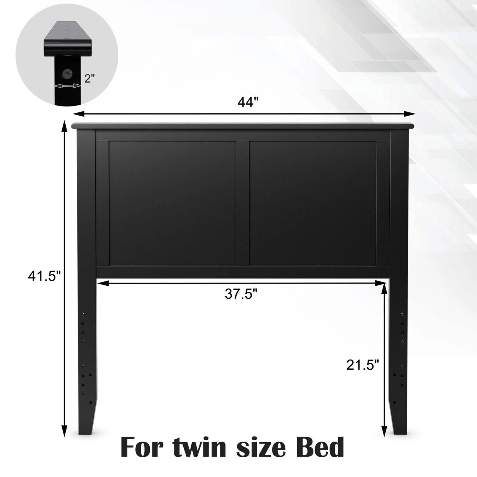 Adjustable Height Twin Wood Headboard with Flat Panel Design in Black