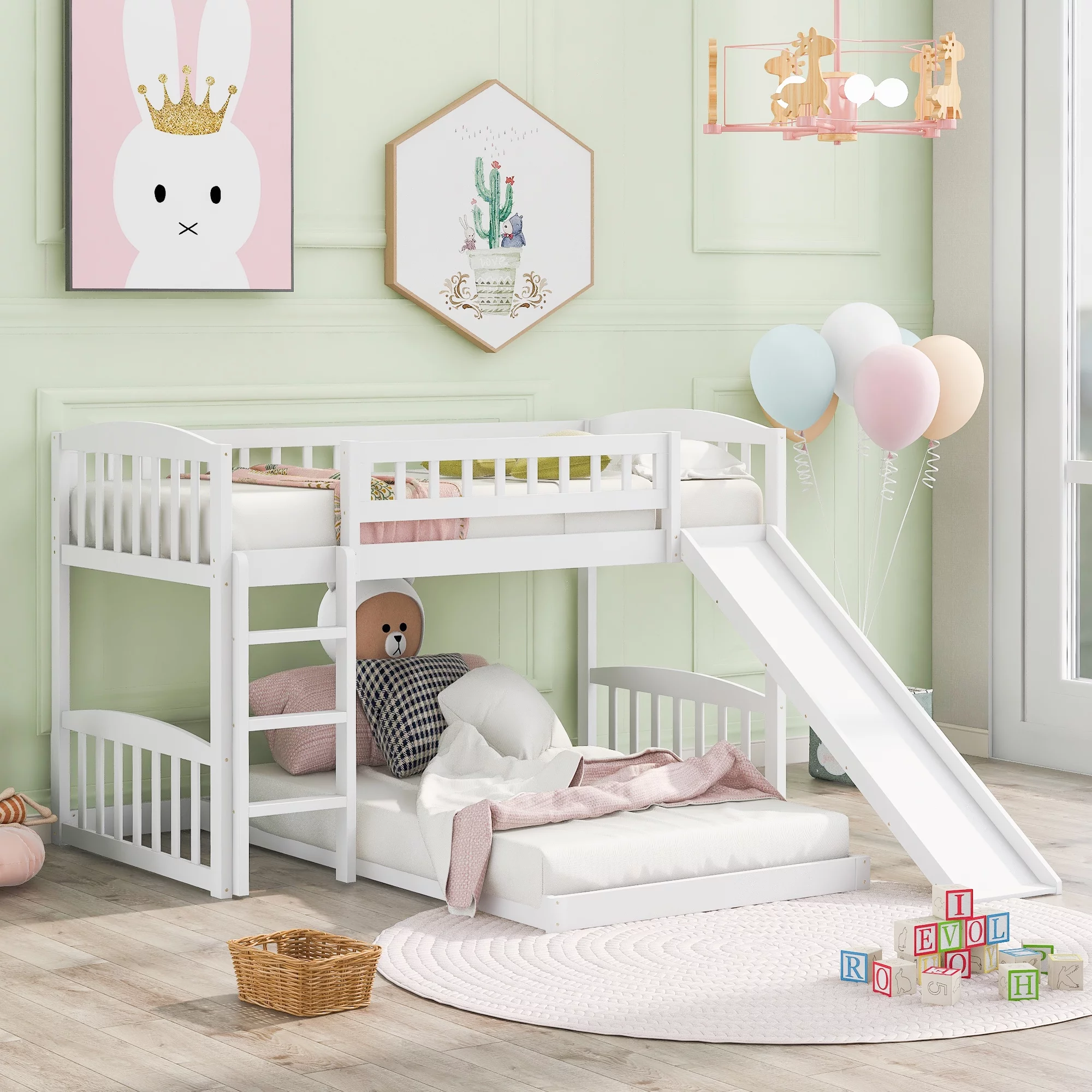 Churanty Low Bunk Bed Twin Over Twin, Wood Floor Bunk Bed with Slide and Ladder, L-Shape Bunk Bed for Bedrooms,White