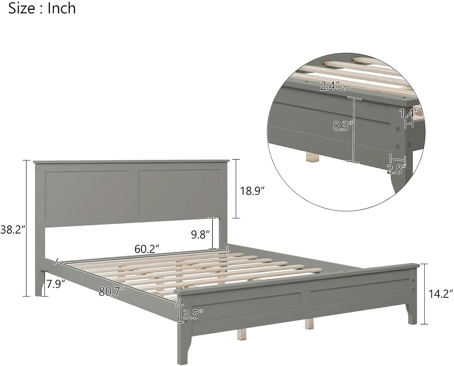 Queen Size Solid Wood Platform Bed Frame with Headboard for Boys Girls Teens Adults, Wood Slats Support, No Box Spring Needed, Under Bed Storage
