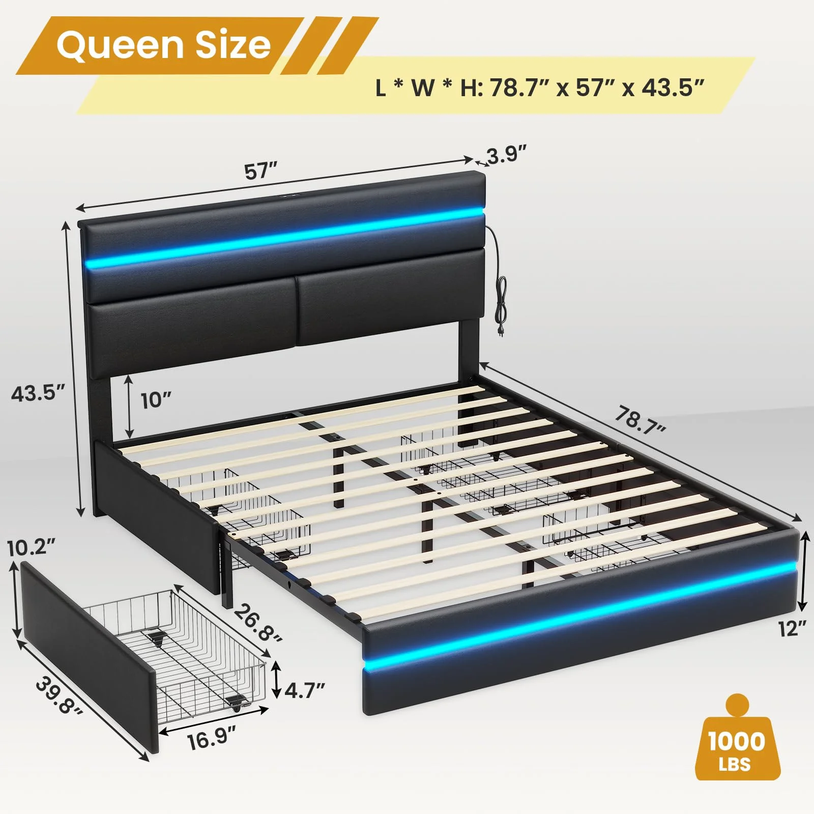 Queen Size Bed Frame with 4 Storage Drawers and LED Lights,Modern Platform Metal Bed Frame with Headboard and 2 USB Ports,Black PU