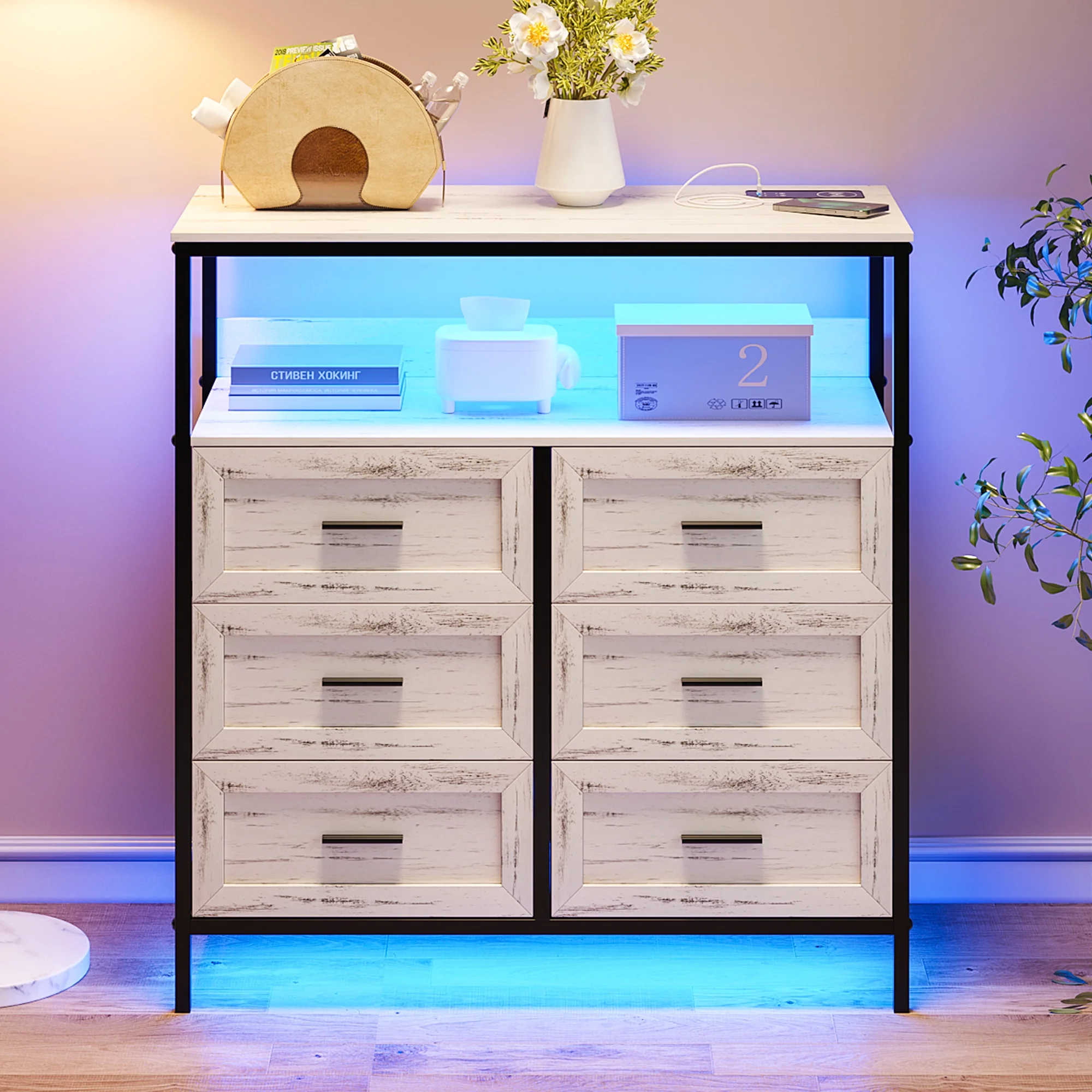 HNEBC Dresser for Bedroom with Charging Station and Human Sensor, 6 Large Drawers Dresser with LED Lights, Wide Chest of Drawers with Open Shelf, Dresser for Living Room, Closet, White
