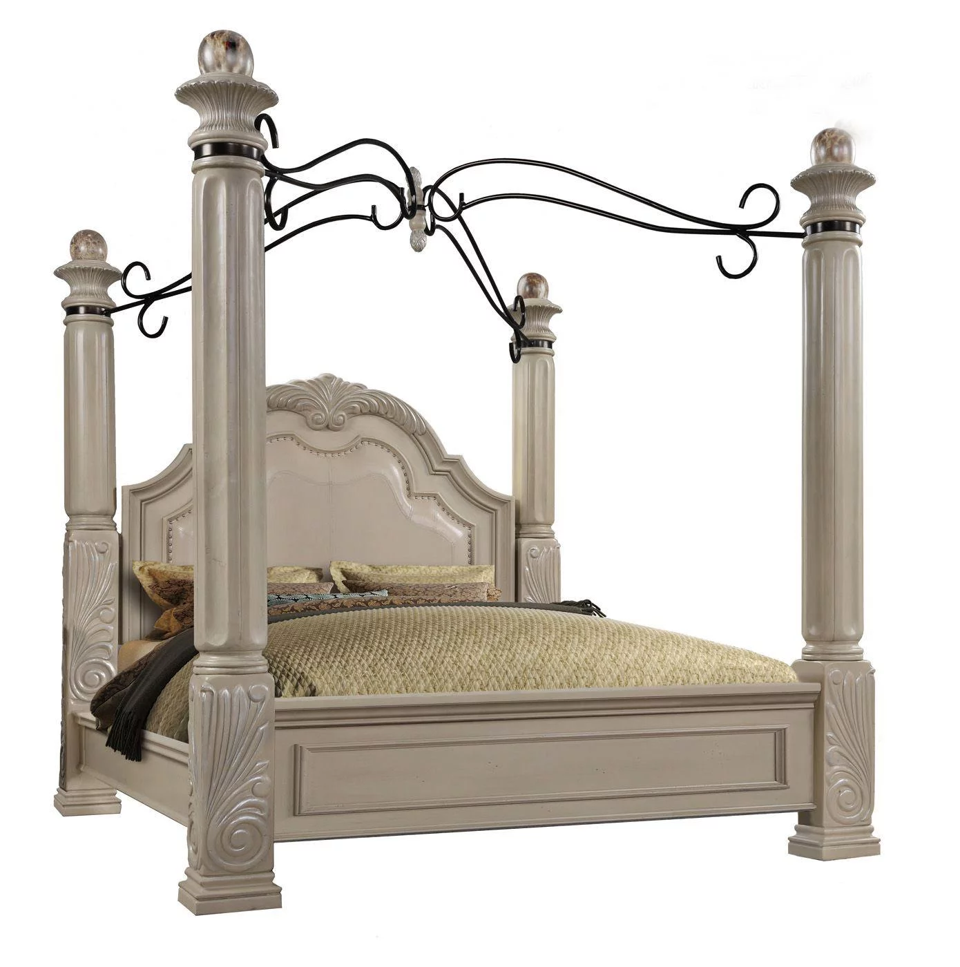 Antique White Solid Hardwood Queen Canopy Bedroom Set 4Pc McFerran B6006 Classic