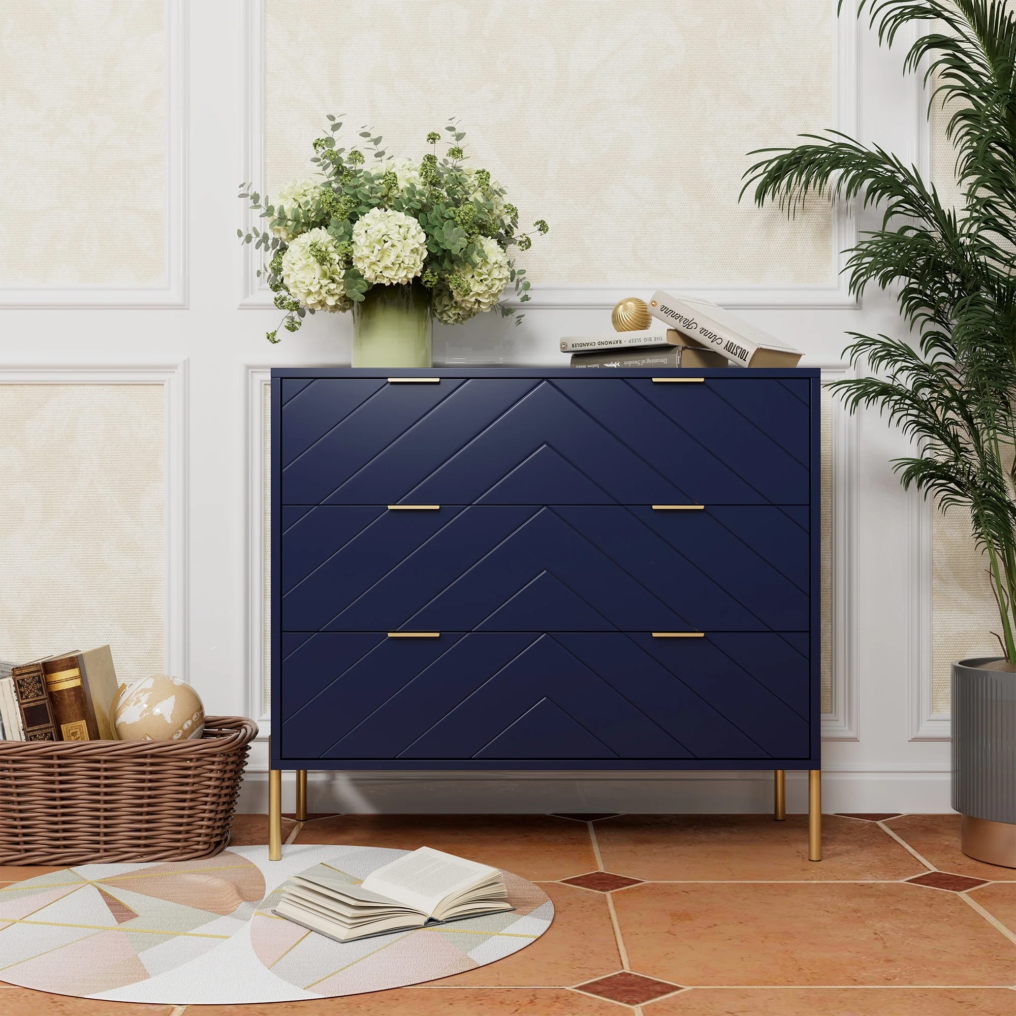Clihome 3-Drawer Storage Chest Dresser for Bedroom Blue