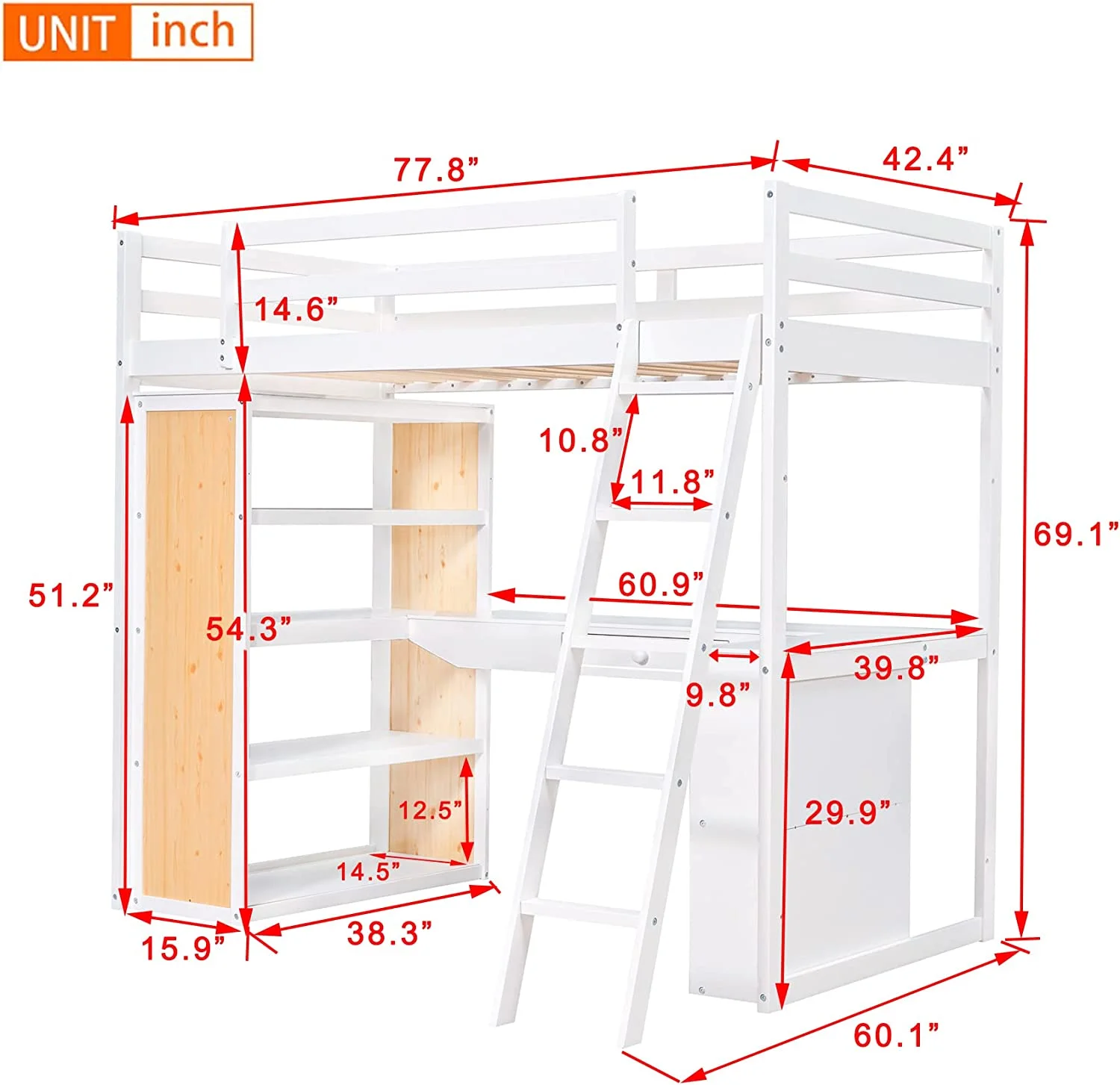 Size Lof Bed Wih Desk And Drawer, Wood Lof Bed Wih Desk,Shelves And Cabine Underneah, High Lof Bed Wih Sorage For Kids, Boys,Girls,eens (Whie,)
