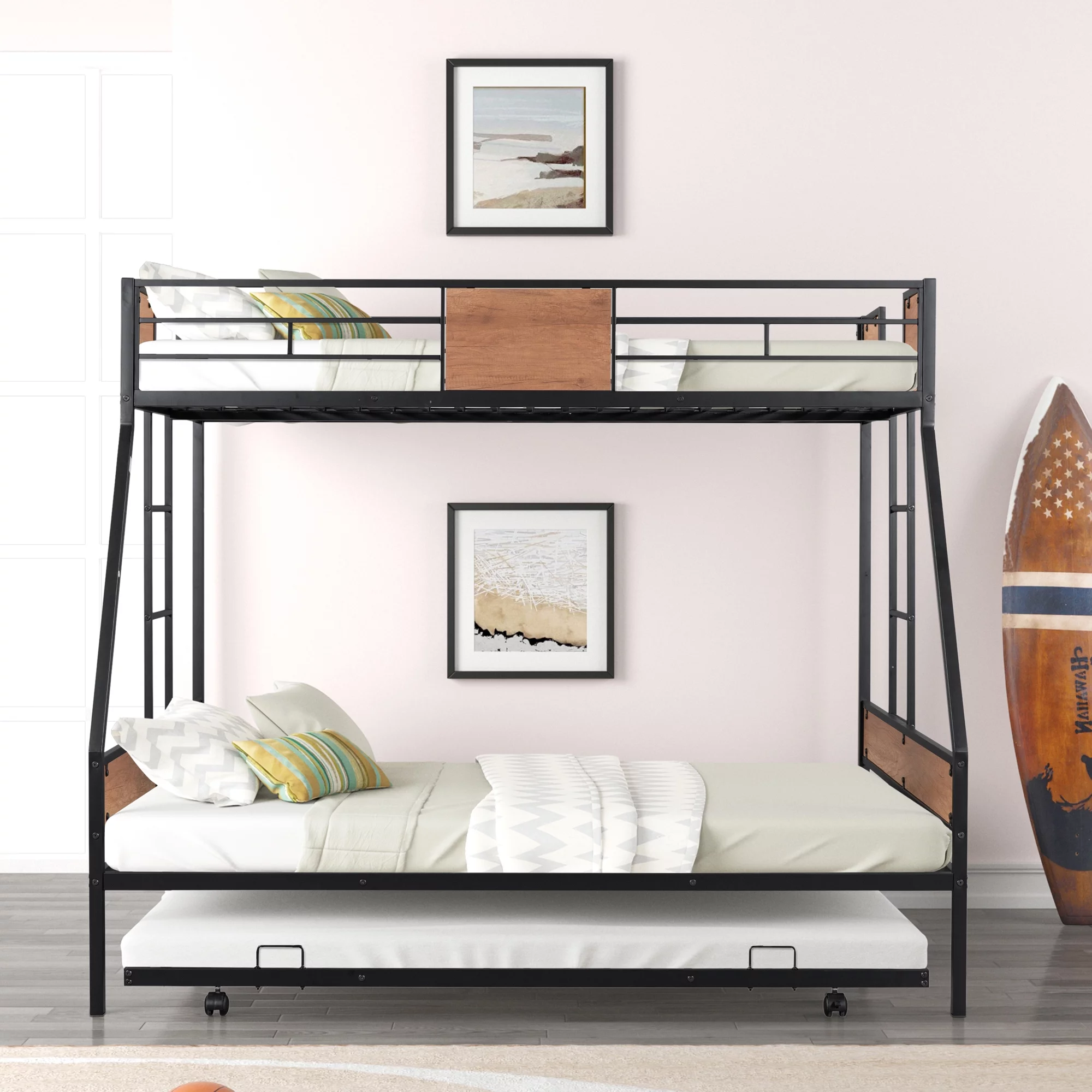 Gewnee Twin Over Full Metal Bunk Bed with Trundle and Two Ladders for Kids Room, Black