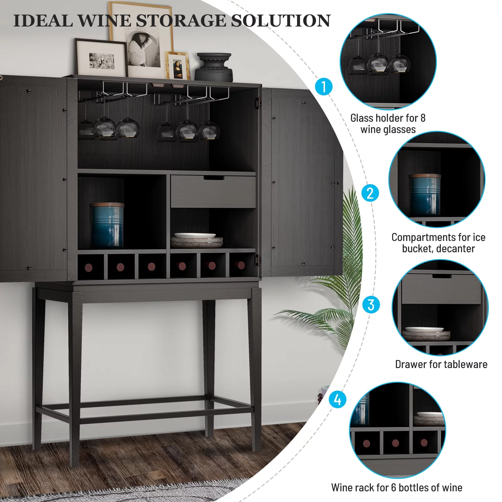 OWSOO Cabinet Solid Rubber Wood Rack Double Mirror Door Bar Cabinet Kitchen Organizer with Glass Holder Sideboard for Dining Room