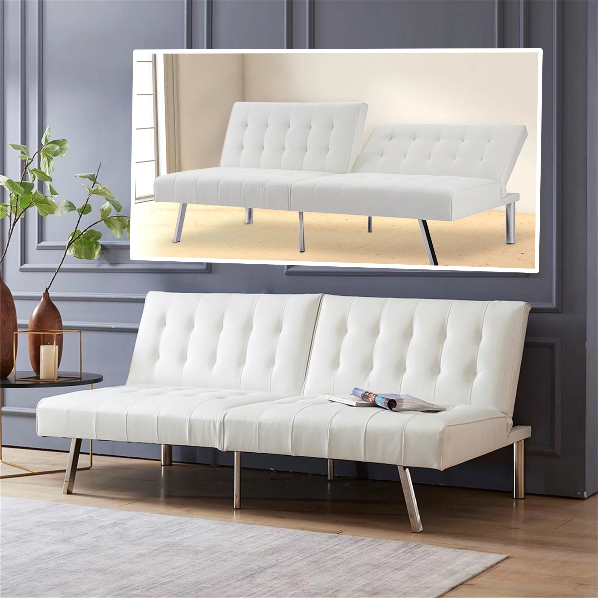 Modern Convertible Tufted Split-Back Futon Sofa Furniture, Tufted Sofa Bed with Chrome Metal Legs for Living Room, Apartment, Faux Leather, White