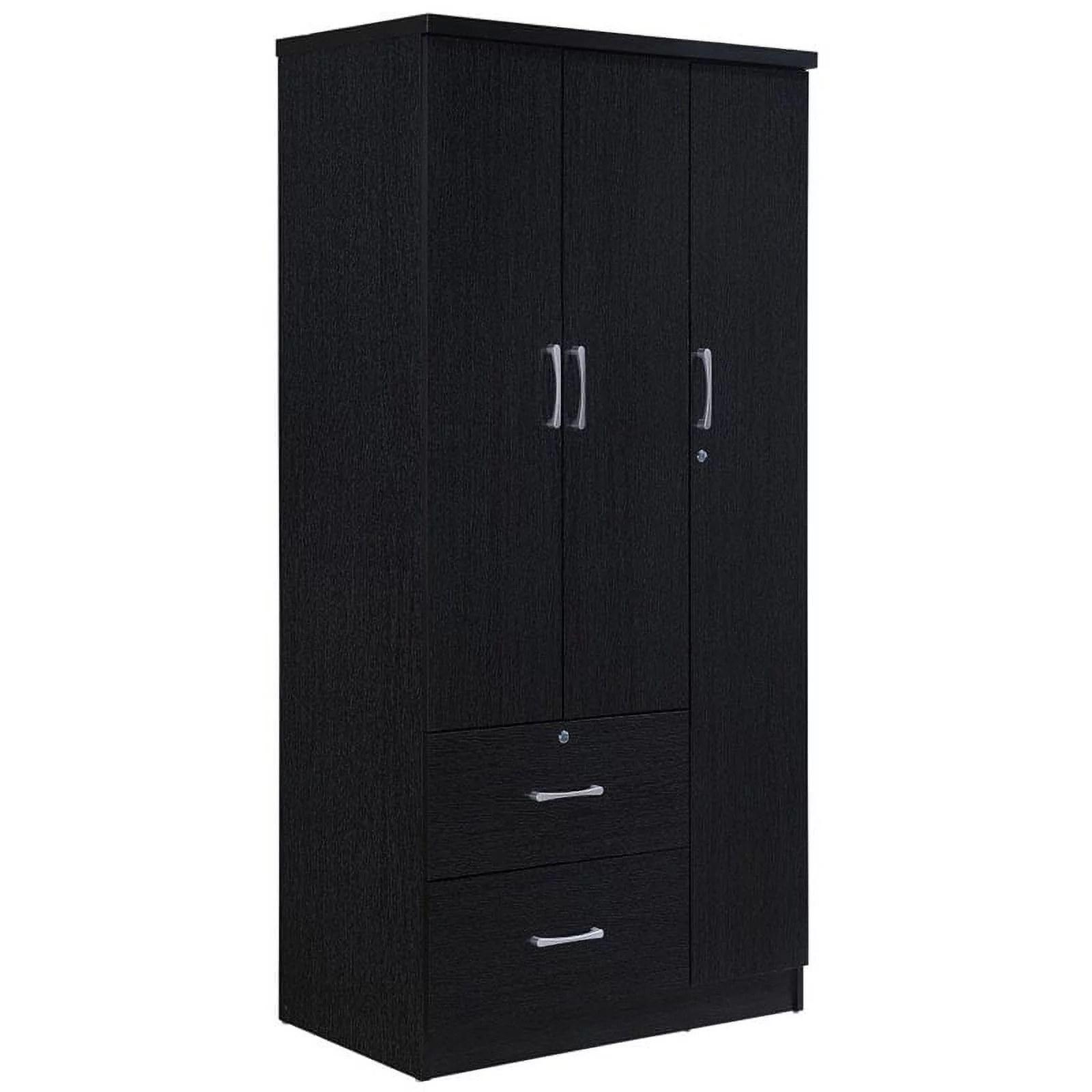 Hodedah 3-Door 36 in. Wide Armoire with 2-Drawers, Clothing Rod and 3-Shelves, Black