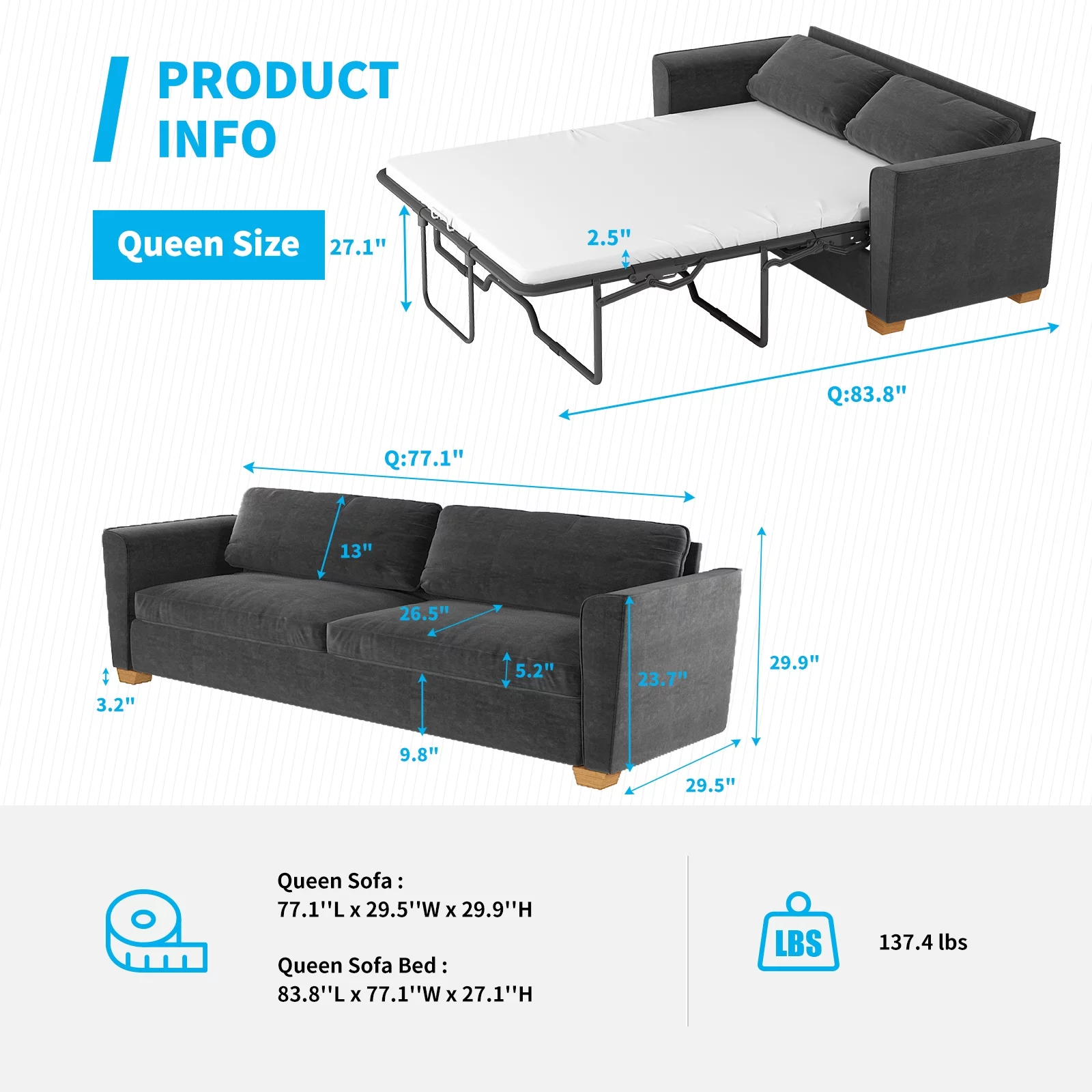 Mixoy Pull Out Sofa Bed, Loveseat Sleeper Sofa Bed with Memory Foam Mattress, 2-in-1 Pull Out Couch for Living Room/Small Spaces (Queen, Dark Grey)