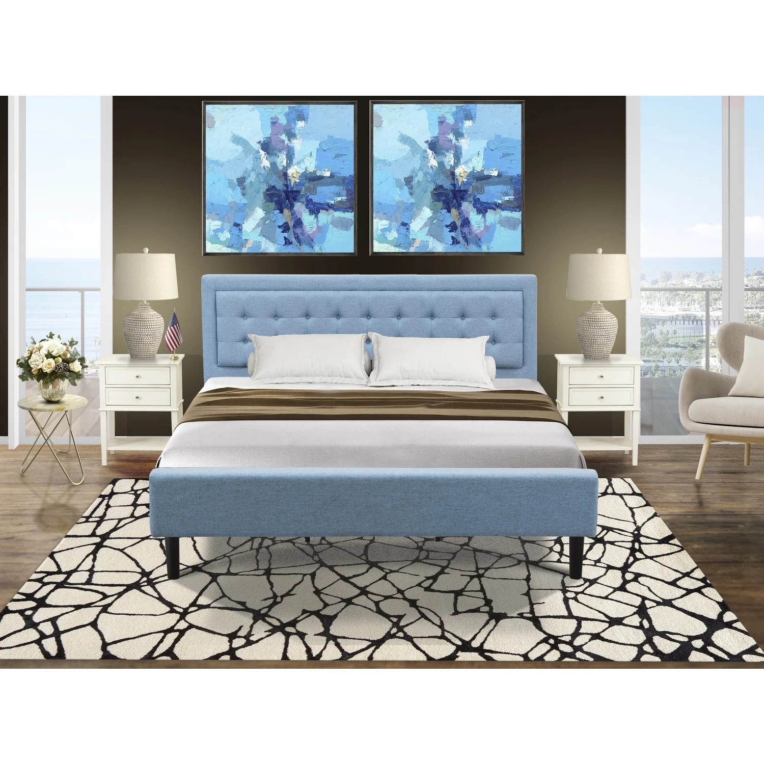 East West Furniture 3-piece Wood Platform Bedroom Set in Denim Blue/Butter Cream