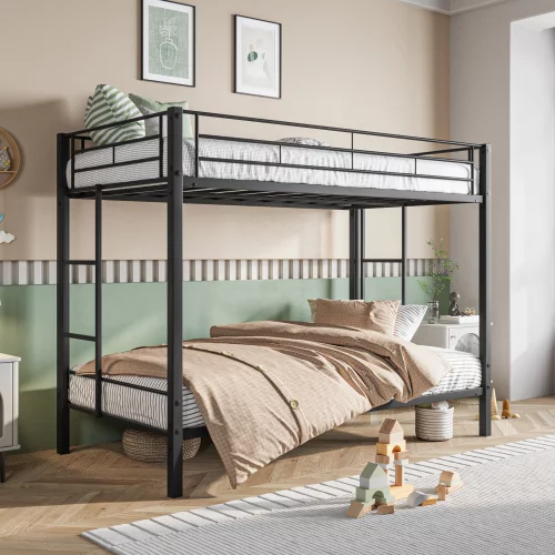 Twin Size Bunk Bed with Ladder & Full-Length Guardrail, No Box Spring Needed & Noise Free, Black