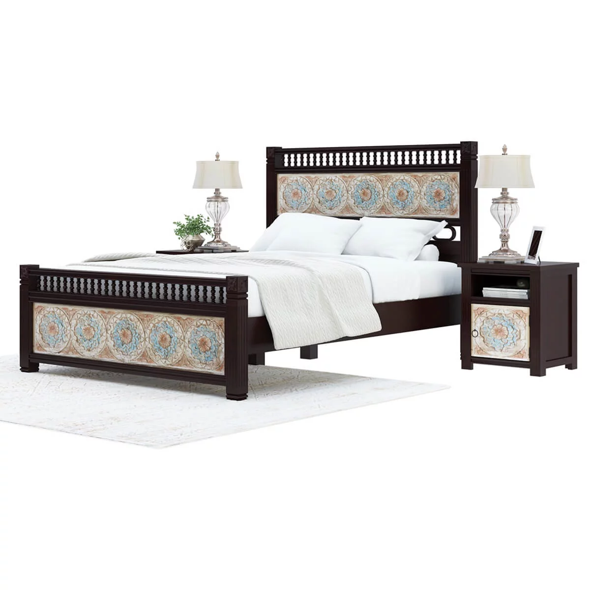 Garden Mango Wood Hand Carved Platform Bed w Foot & Headboard