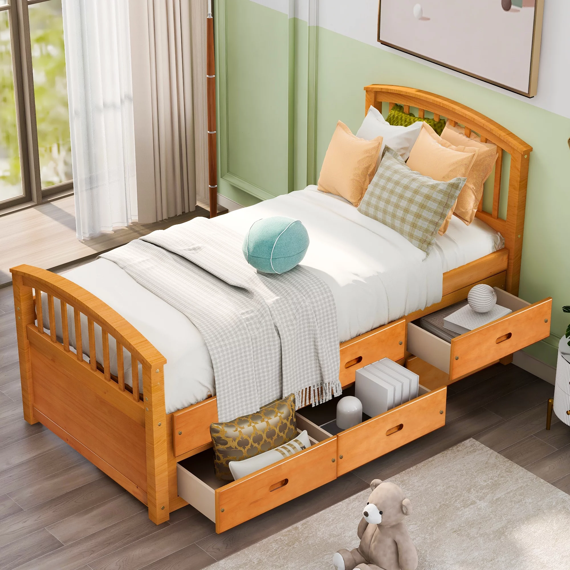 KAMIDA Twin Size Storage Bed Frame, Solid Wood Platform Bed Frame with 6 Storage Drawers, Captains Bed Bedroom Furniture, Oak
