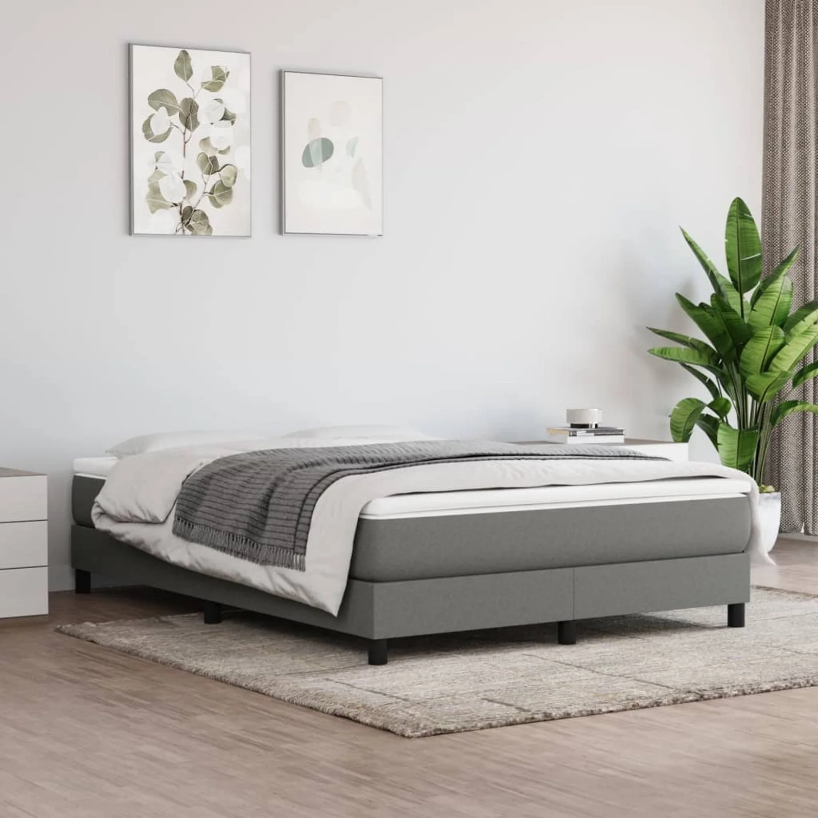 Anself Box Spring Bed with Mattress and Black Wood Legs 59.8 x 79.9 Inch Queen Size Fabric Bed for Bedroom